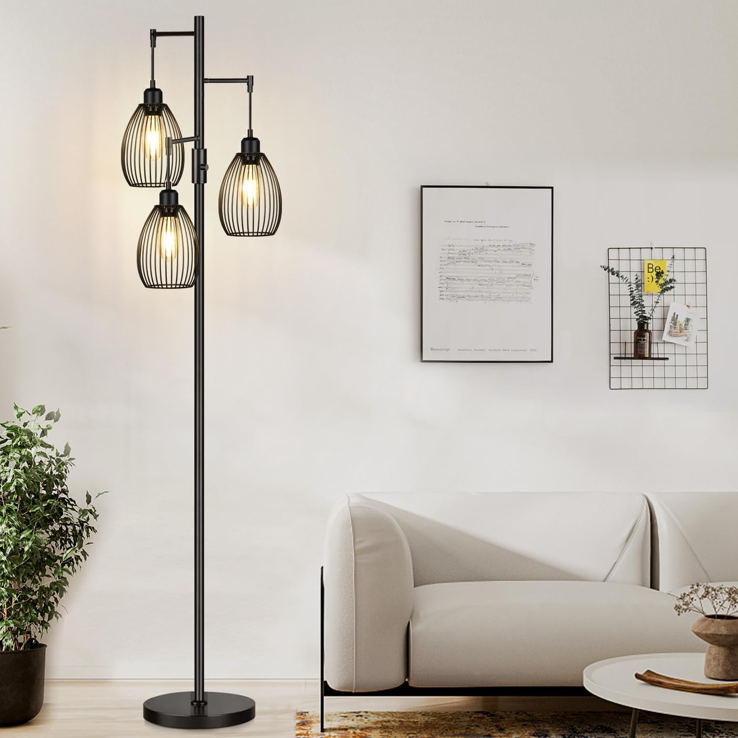 Floor Lamp, 3 x 800LM LED Edison Bulbs Included, Farmhouse Industrial Floor Lamp Standing Tree Lamp with Elegant Teardrop Cage Tall Lamps for Living Room Bedroom Office Dining Room-Black