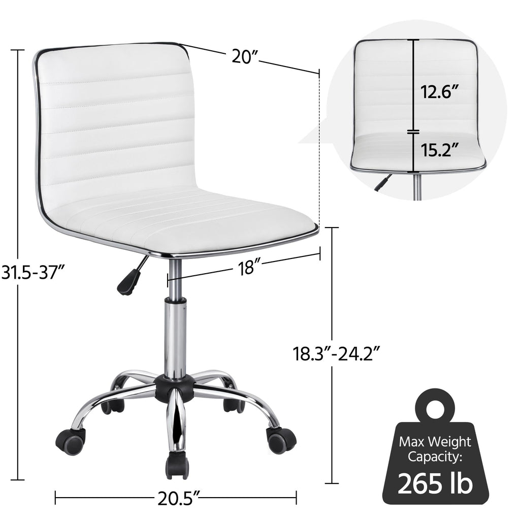 Adjustable Task Chair PU Leather Low Back Ribbed Armless Swivel White Desk Chair Office Chair Wheels