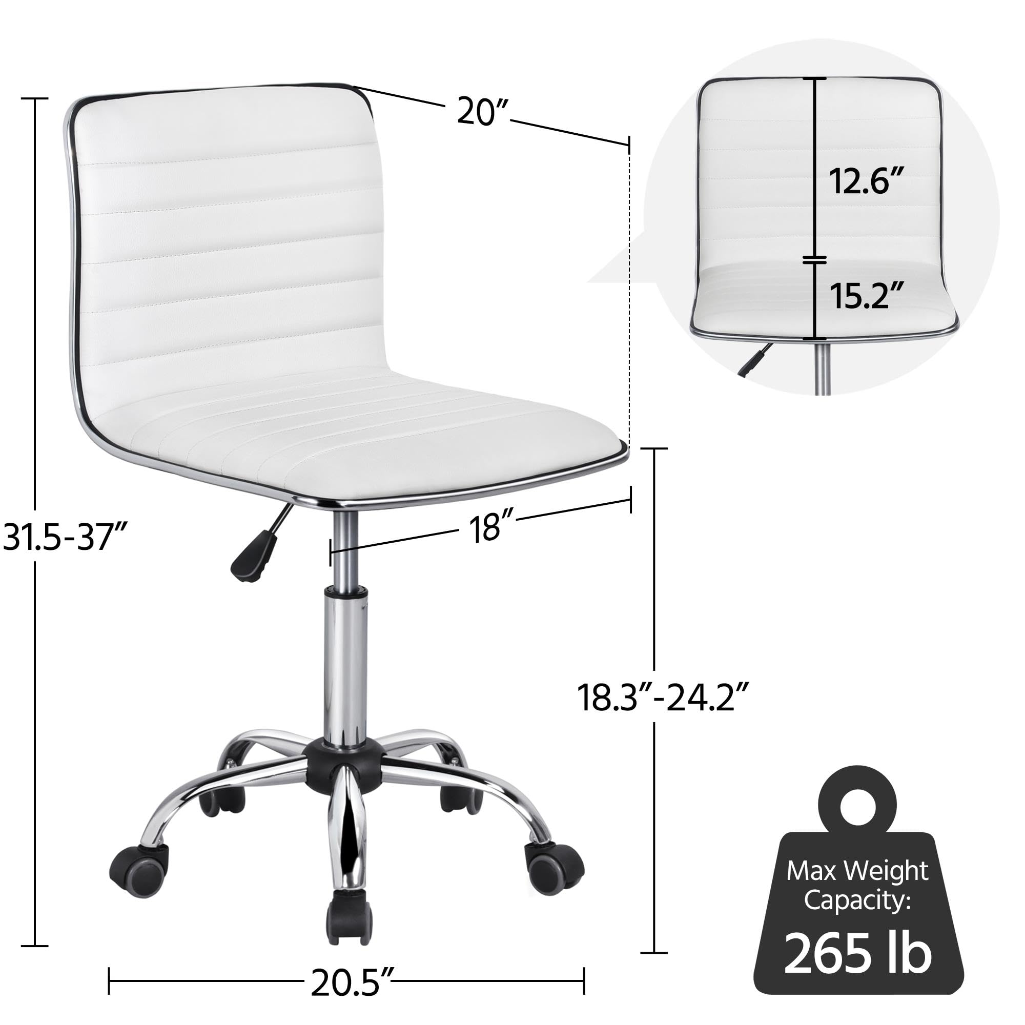 Adjustable Task Chair PU Leather Low Back Ribbed Armless Swivel White Desk Chair Office Chair Wheels