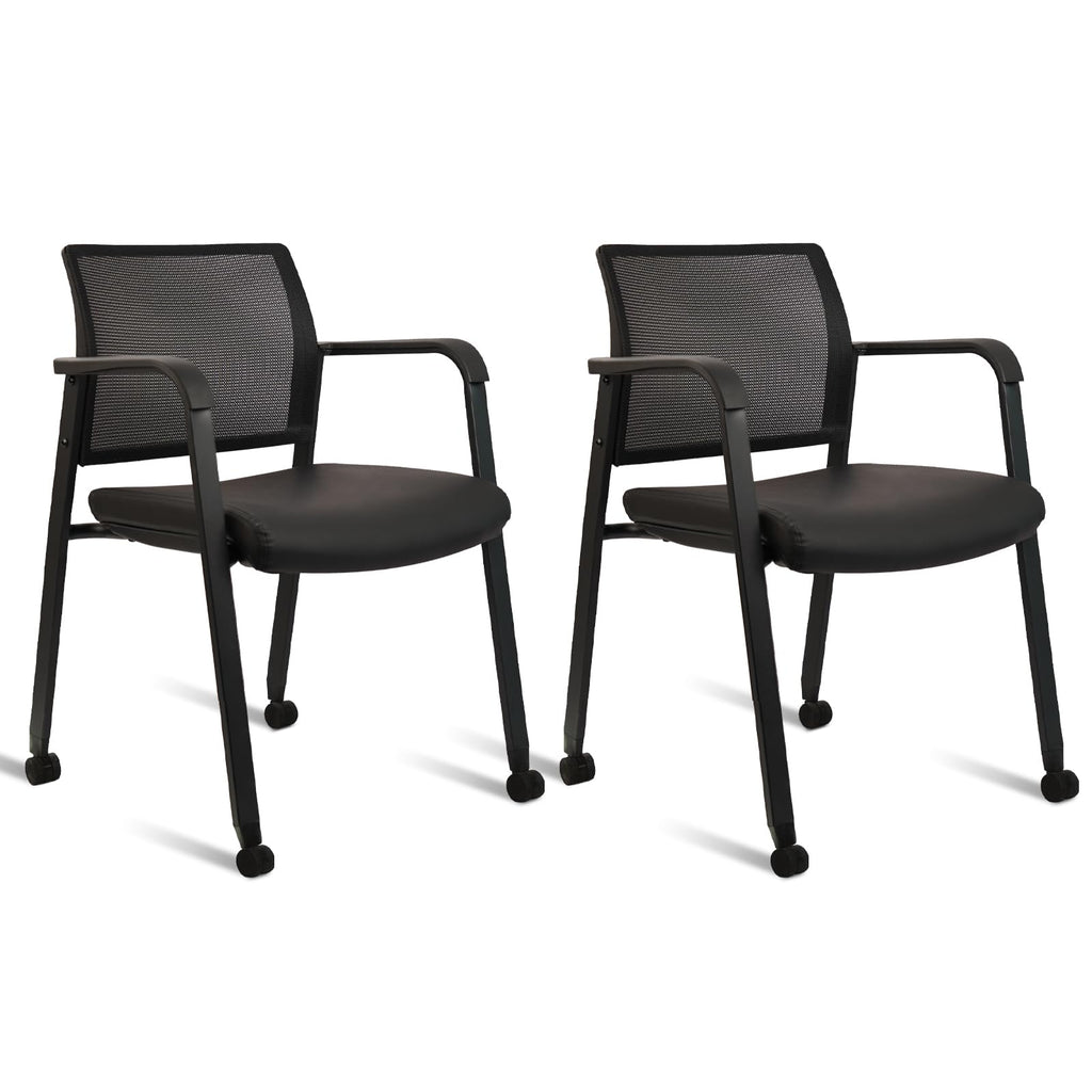 Black, 2PK, Stacking Office Chair with Wheels, Mesh Back Waiting Room Guest Chairs with Arms Comfortable Leather Cushion Stackable Desk Chair for Conference Reception School Side Stationary,