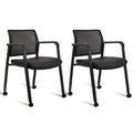 Black, 2PK, Stacking Office Chair with Wheels, Mesh Back Waiting Room Guest Chairs with Arms Comfortable Leather Cushion Stackable Desk Chair for Conference Reception School Side Stationary,