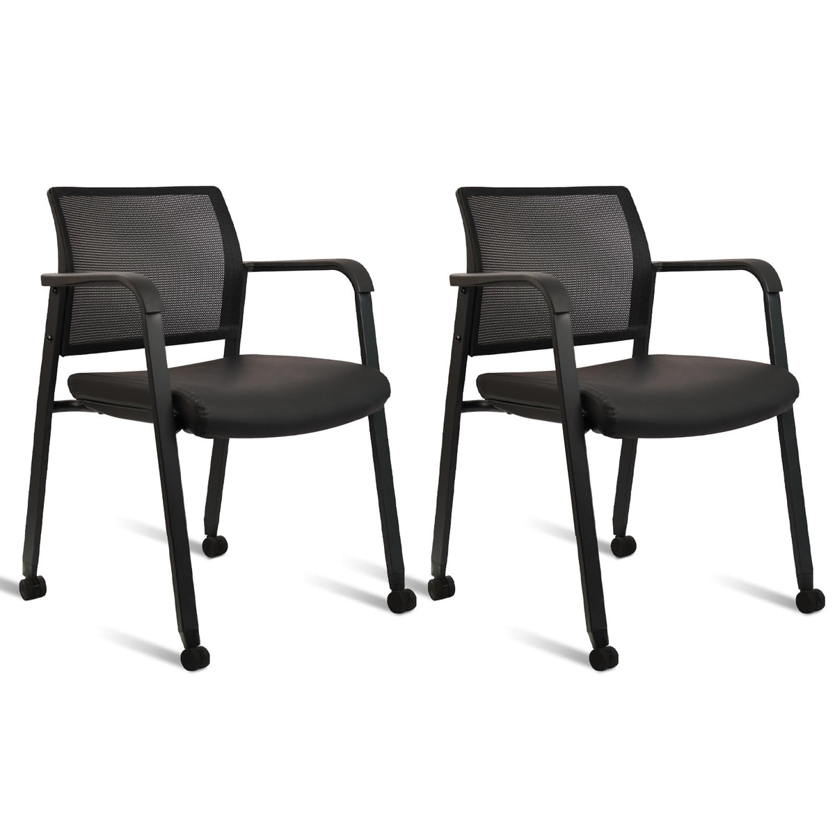 Black, 2PK, Stacking Office Chair with Wheels, Mesh Back Waiting Room Guest Chairs with Arms Comfortable Leather Cushion Stackable Desk Chair for Conference Reception School Side Stationary,