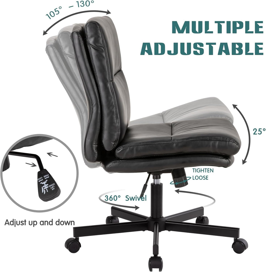 Armless Office Desk Chair with Wheels, Mid-Back Criss Cross Swivel Task Chair, Height Adjustable Cushioned Vanity Chair, Double Padded PU-Leather Chairs for Home, Office & Bedroom (Black)