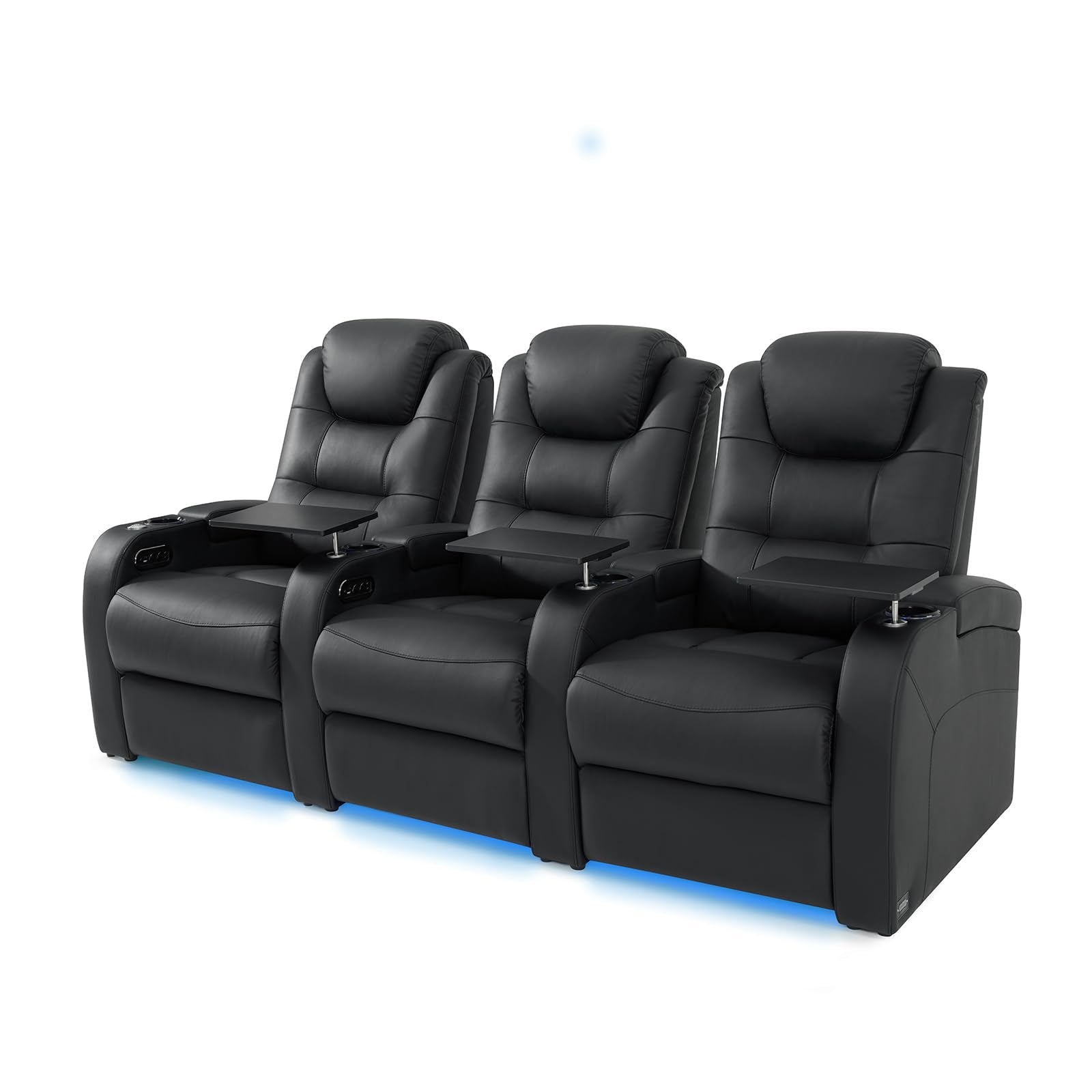 Leather Home Theater Seating, Simple Style Dual Power Electric Headrest Game Seats Leather Movie Theater Chairs Recliner Sofa with Type-C USB Charger (Black, Row of 3)