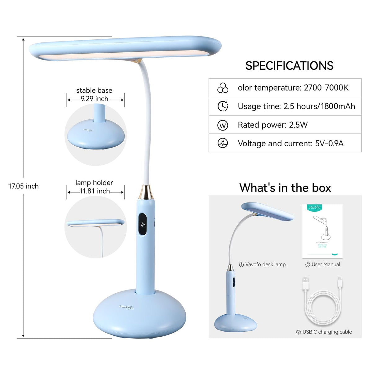 Wireless LED Desk Lamp 6778B - Touch Control, 2700-7000K Adjustable Color Temperature, 700 Lumens, 360° Gooseneck, USB-C Charging, 2.5 Hours Wireless Use, Eye-Caring Light (Blue)