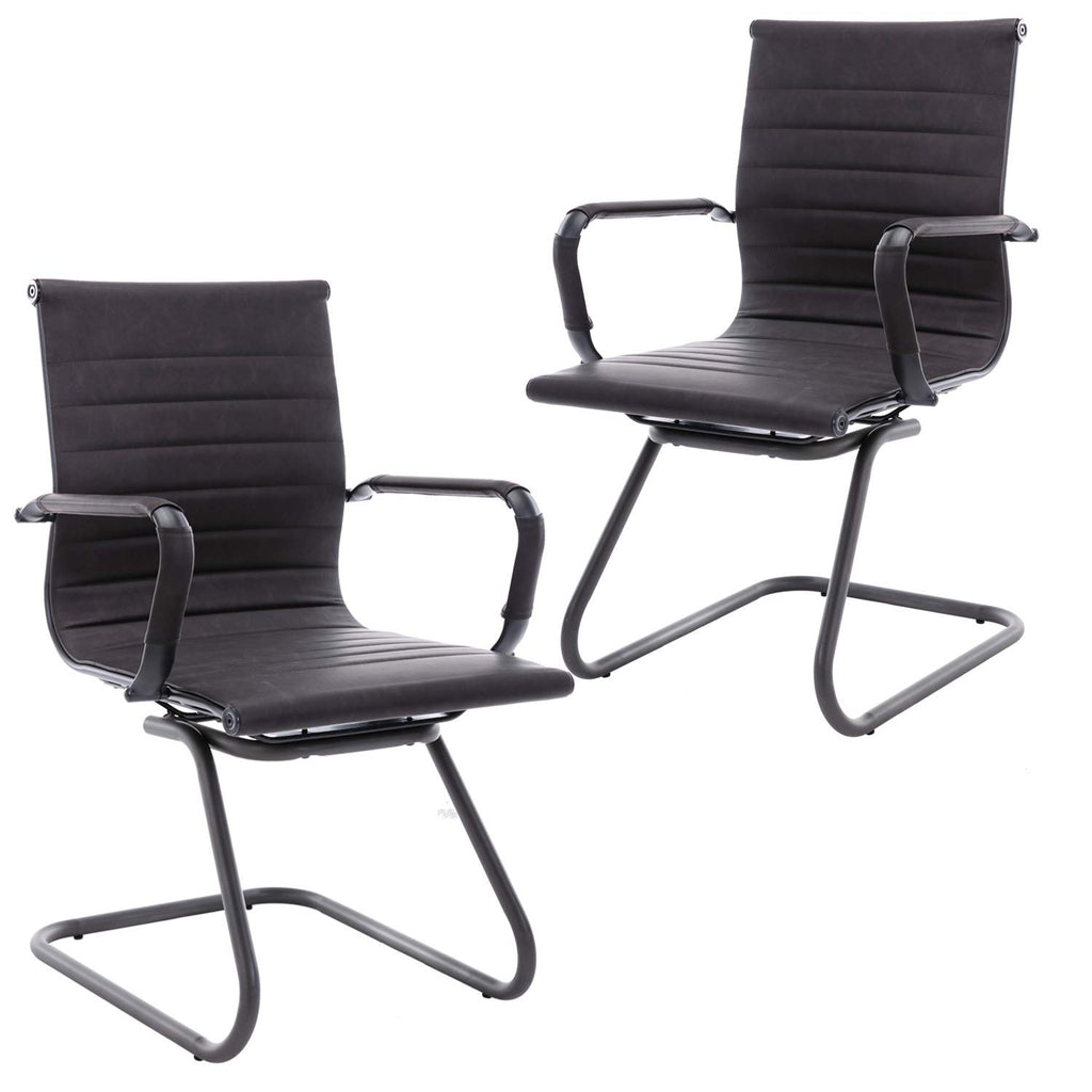 Office Chairs No Wheels Leather Conference Chairs Back Support Guest Chair, Set of 2 (Vintage Charcoal)