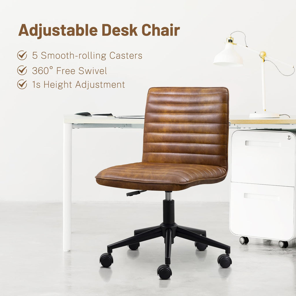 Leather Office Chair with Wheels Armless Vanity Desk Chair 360° Swivel Computer Rolling Chair with Mid Back, Height Adjustable Accent Chairs with Gold Metal Base Stool, PU YellowBrown