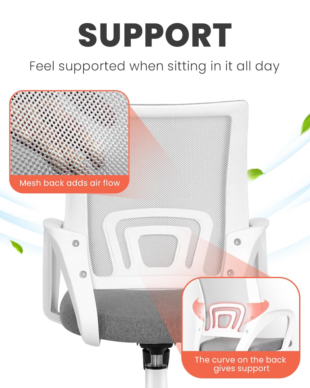 Office Desk Computer Chair Ergonomic Mesh Gaming Cushion Seat with Comfy Lumbar Mid Back Support Adjustable Height Swivel Rolling Wheels for Home Task (Grey)