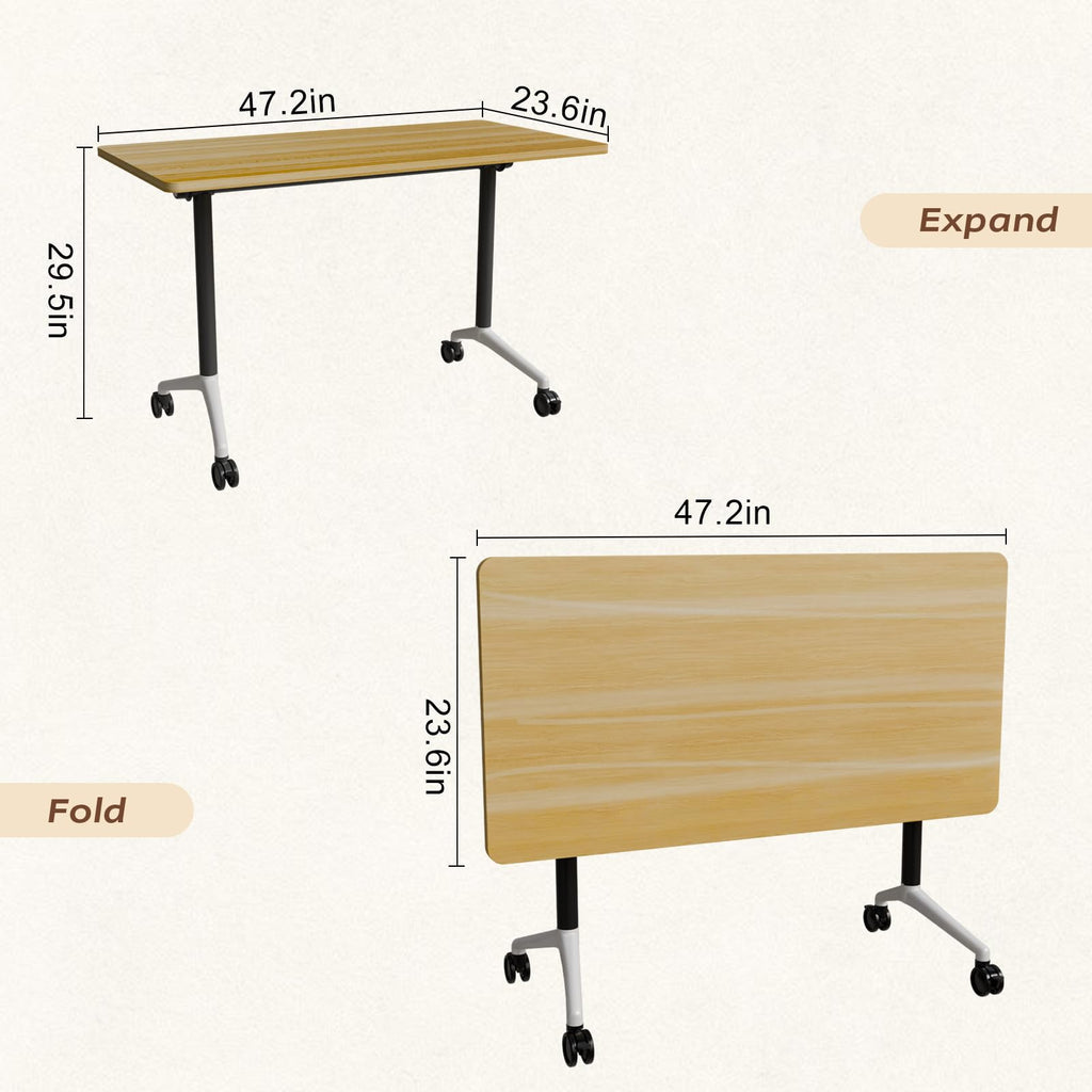 Folding Conference Table with Wheels, Flip-Top, 47.2in, 2 Pack, Maple