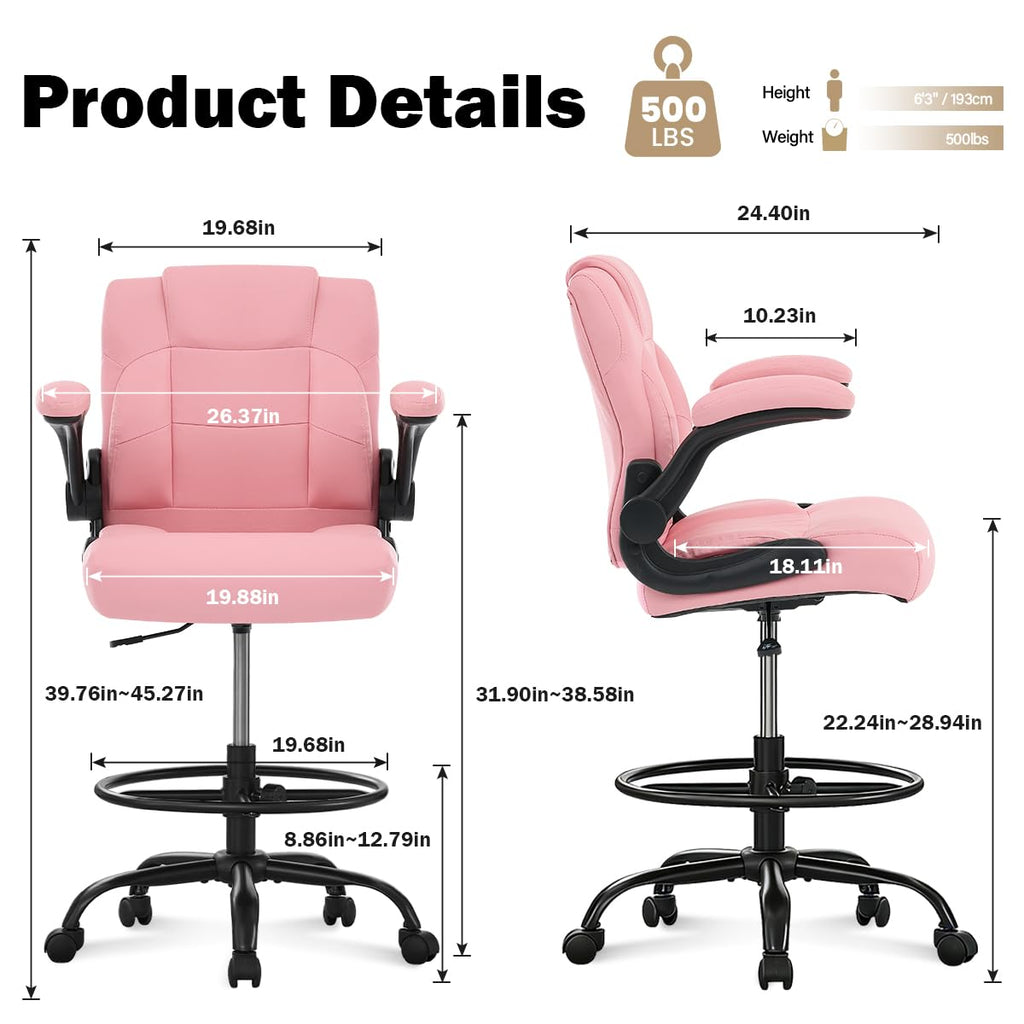 Ergonomic Drafting Chair,Tall Office Chair for Standing Desk with Flip-Up Armrests,Adjustable Foot Ring & Height, High Leather Executive Office Chair for Home,Drawing or Counter Height Use