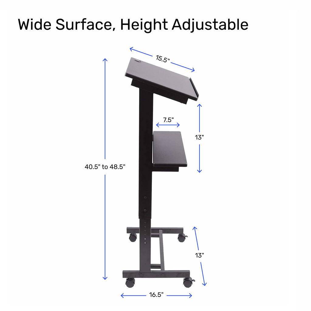 Desk Store Mobile Adjustable Height Rolling Lectern Podium with Heavy Duty Steel Frame (Black Frame/Black Shelves, 25.5" Wide)