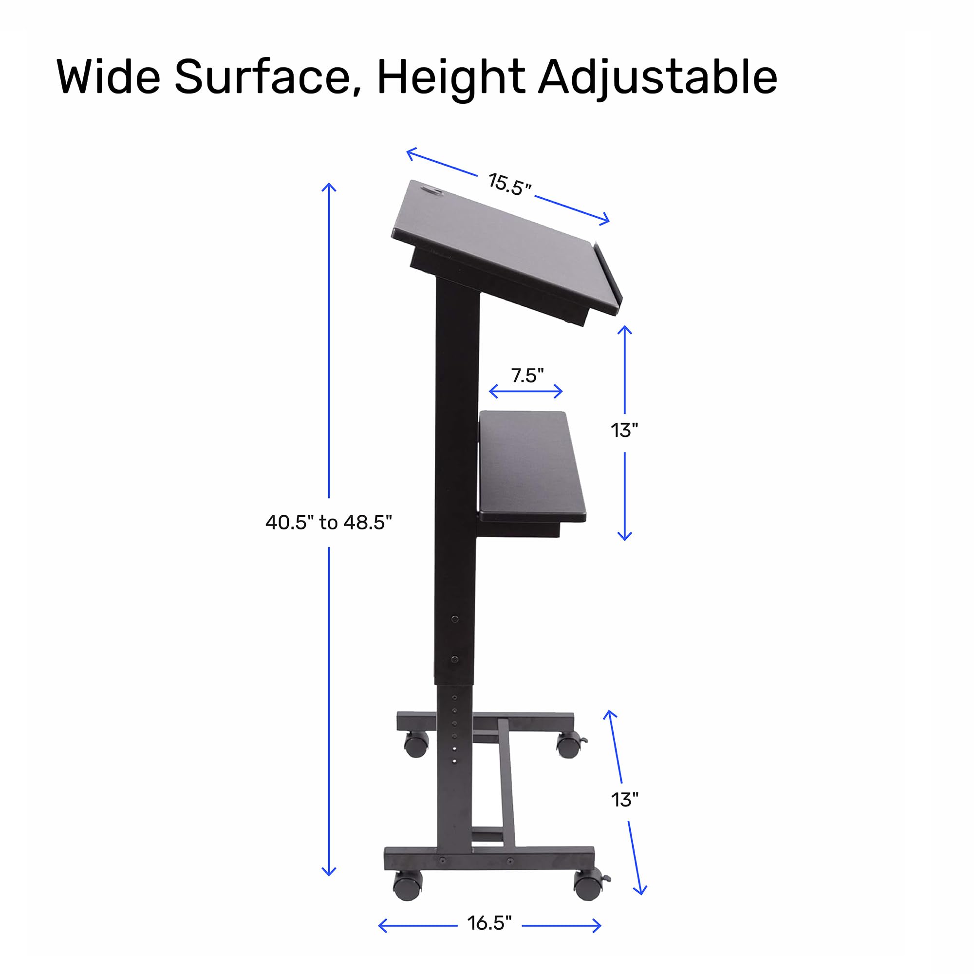 Desk Store Mobile Adjustable Height Rolling Lectern Podium with Heavy Duty Steel Frame (Black Frame/Black Shelves, 25.5" Wide)