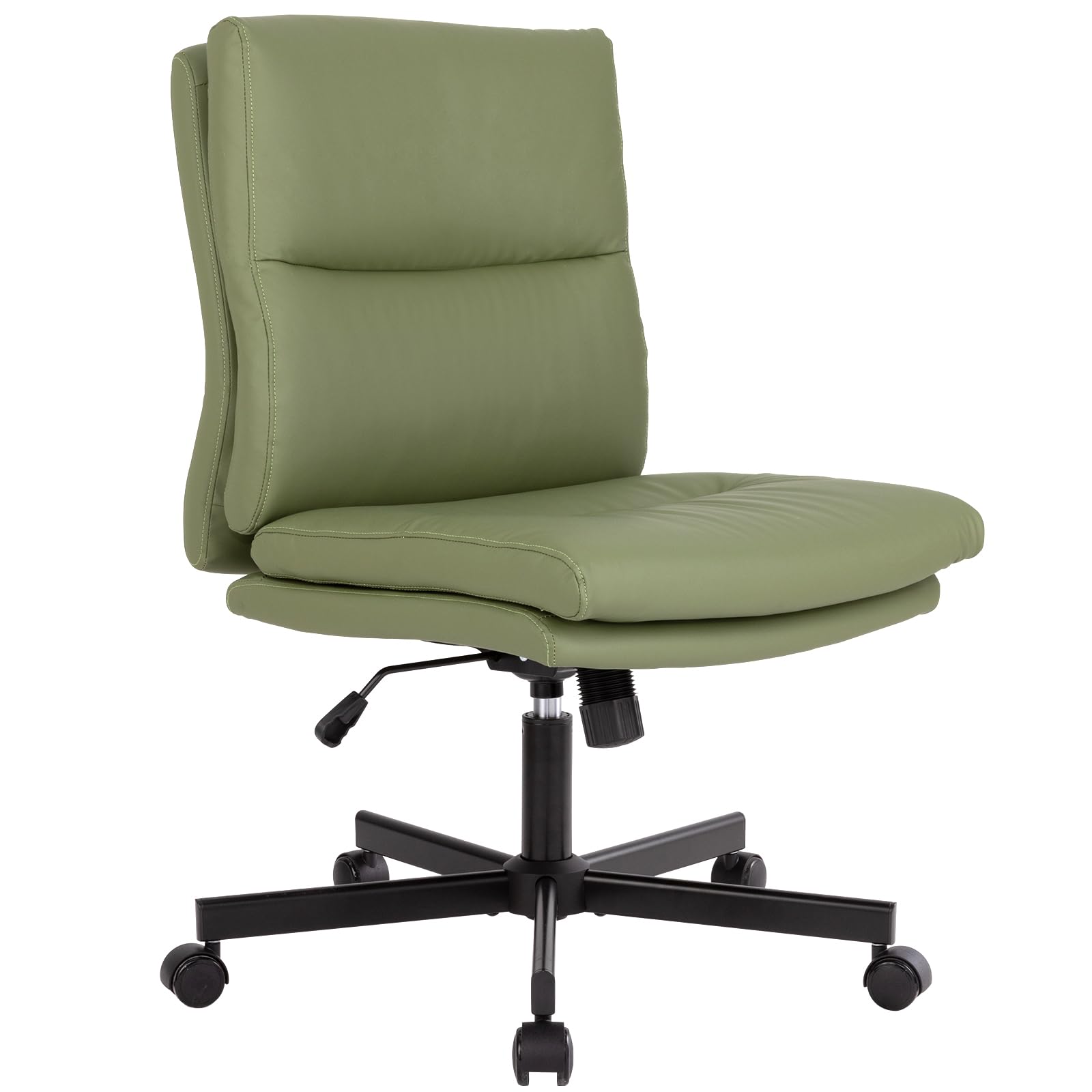 Armless Office Desk Chair with Wheels, Mid-Back Criss Cross Swivel Task Chair, Height Adjustable Cushioned Vanity Chair, Double Padded PU-Leather Chairs for Home, Office & Bedroom (Green)