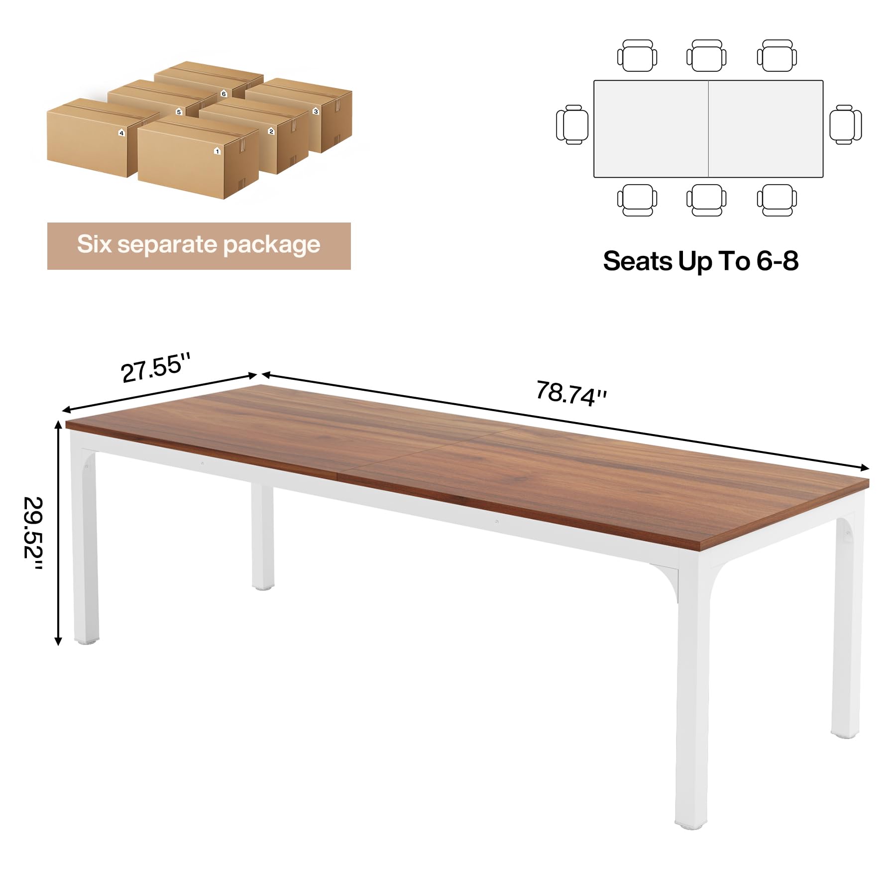 6.5 FT Conference Room Table, 78.74" W x 27.56" D Large Office Conference Table, Modern Seminar Meeting Table Desk for Boardroom, Meeting Room (6, Brown and White)