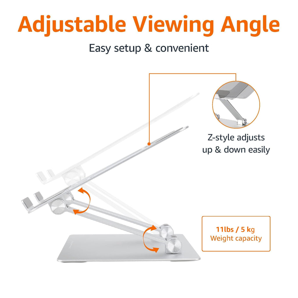 Sturdy and Portable Ergonomic Laptop Stand for Desk, Height Adjustable Riser with Ventilated Cooling, Foldable, Fits all Laptops up to 15.6 Inch, Silver