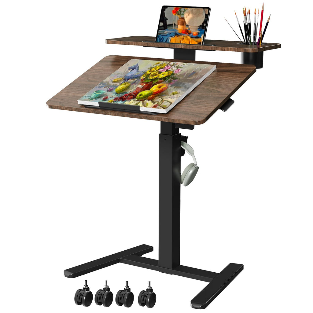 28 inch Mobile Standing Desk On Wheels， Small Computer Workstation Adjustable Height，Rolling Laptop Stand with Tiltable Desktop， 2-Tier Portable Study Table with Storage Shelf， Walnut
