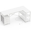 L Shaped Office Desk with Power Outlets, 55 Inch Computer Desk with 3 Drawers, Shelves, Reverisble for Gaming Corner Work Home Office Study, White