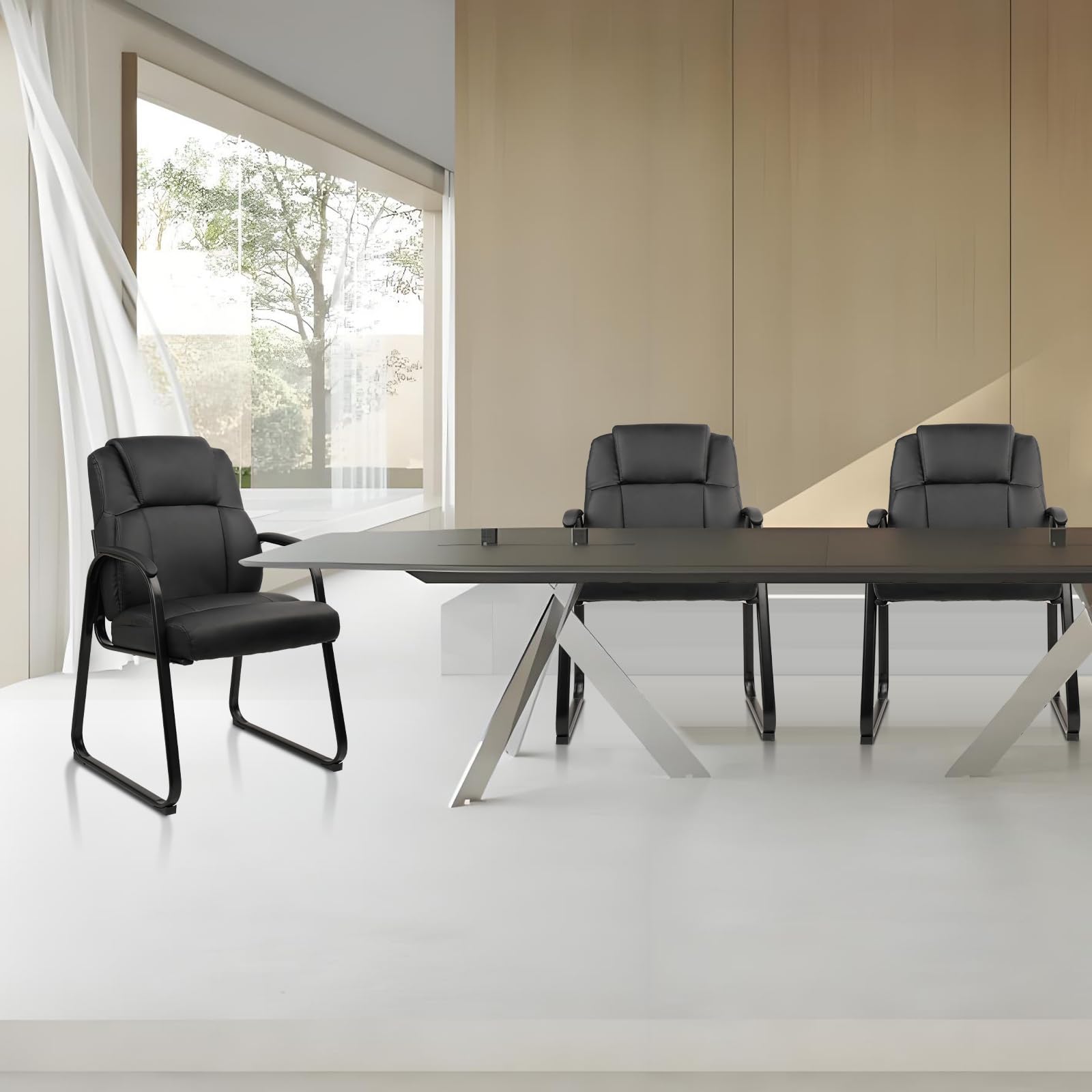 4 Pack, Leather Guest Chair with Padded Arm Rest for Reception Meeting Conference and Waiting Room Side Office Home Black with Sled Base