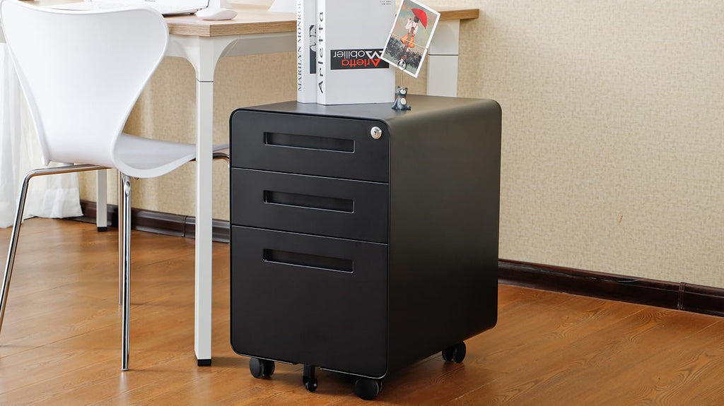3 Drawer File Cabinet for Office, Under Desk Mobile Filing Cabinet with Lock for A4/Letter/Legal Size, 5 Wheel Anti-tilt Rolling File Cabinets, Fully Assembled