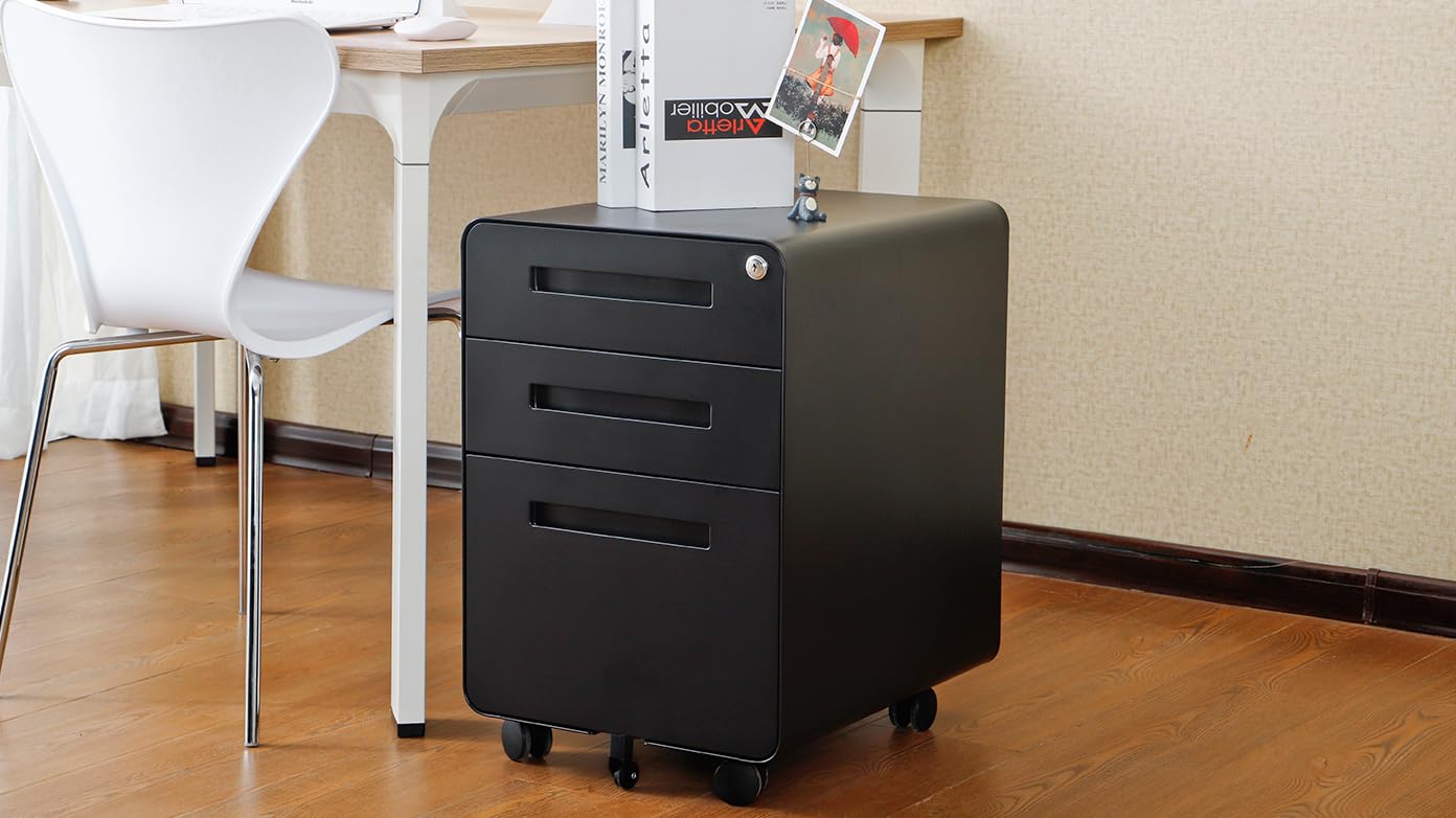 3 Drawer File Cabinet for Office, Under Desk Mobile Filing Cabinet with Lock for A4/Letter/Legal Size, 5 Wheel Anti-tilt Rolling File Cabinets, Fully Assembled