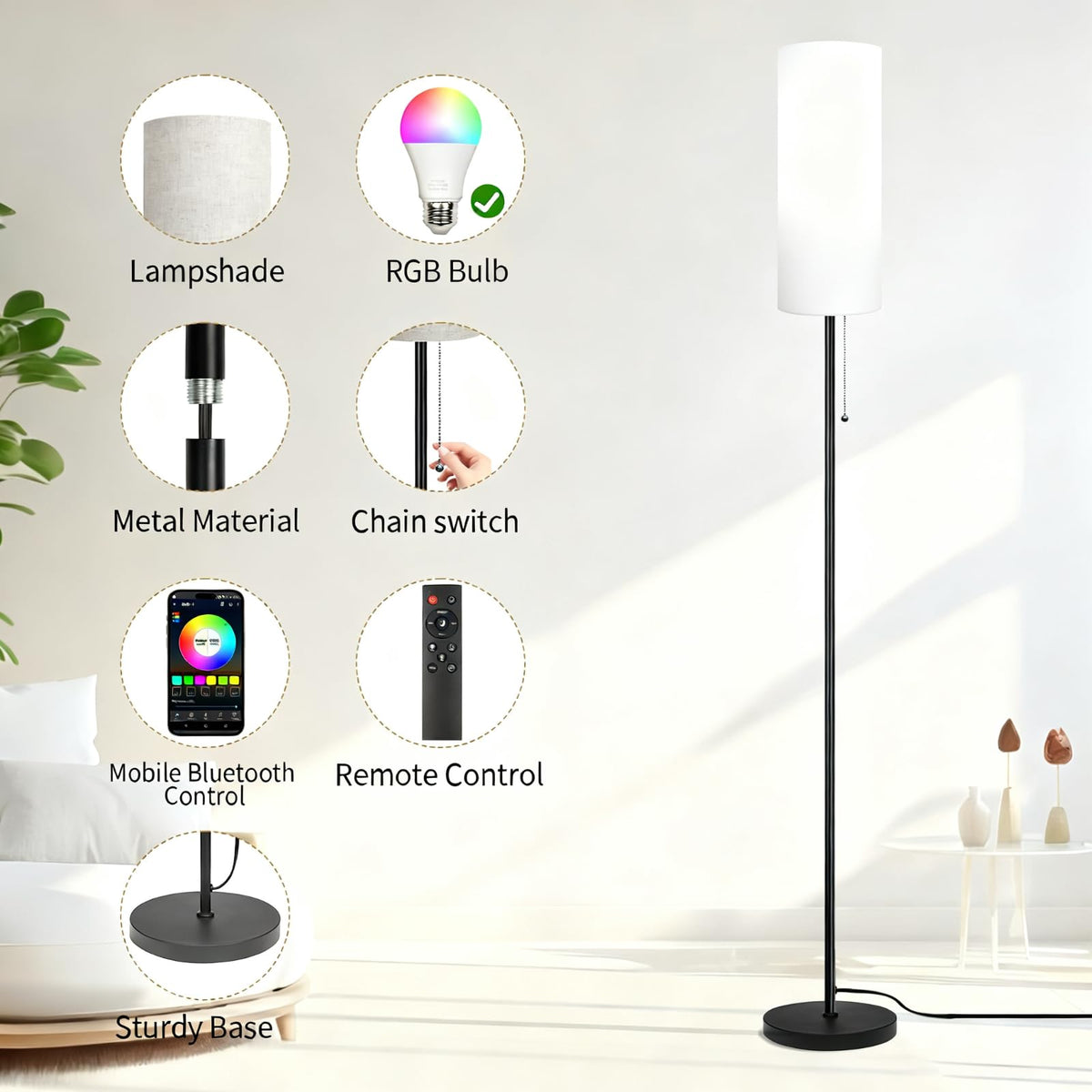 Floor Lamps for Living Room RGB Color Changing Bulbs Dimmable Color Brightness Modern Standing Lamp Remote Control Tall Lamp Chain Switch for Bedroom Office 9W LED Bulb Included, White Shade RGB Bulb