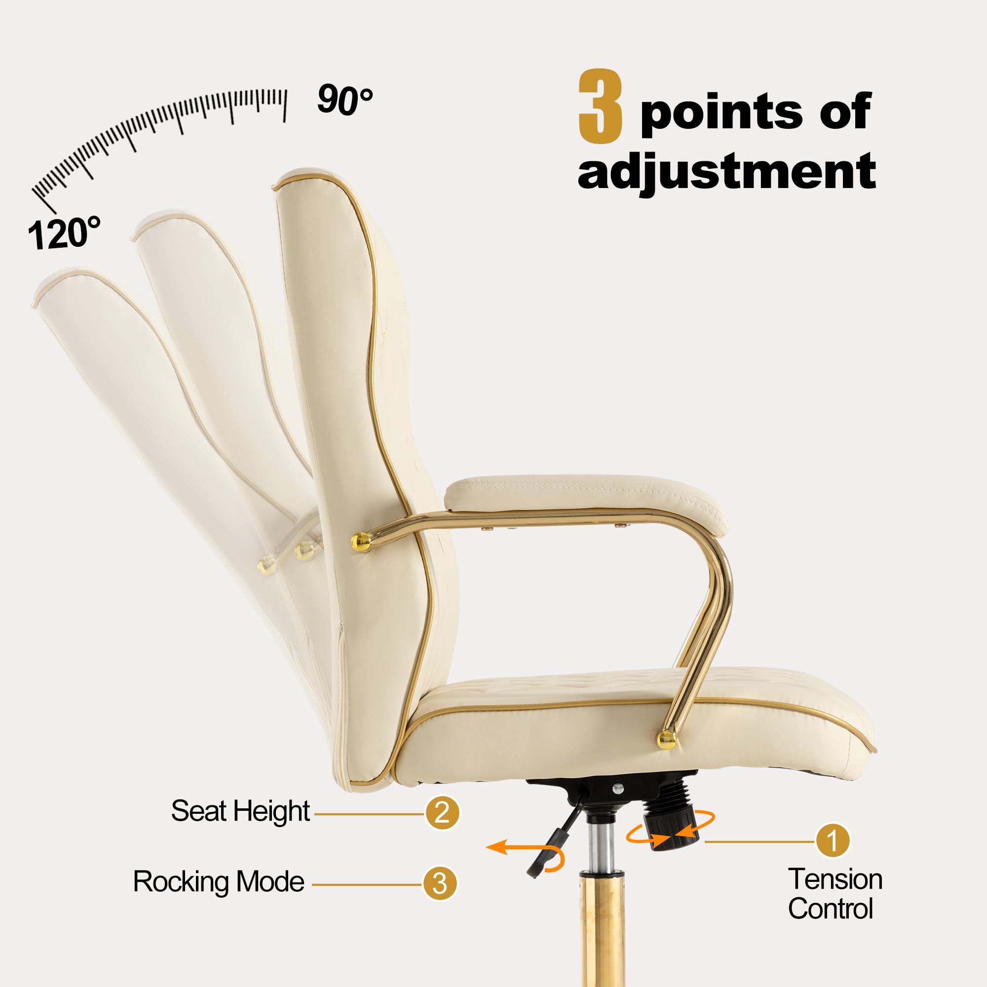Beige and Gold Office Desk Chair,Conference Room Chairs,Mid Back Vintage Executive Leather Chair,Ergonomic Computer Swivel Chair with Rocking Function and Padded Arms,Adjustable Height