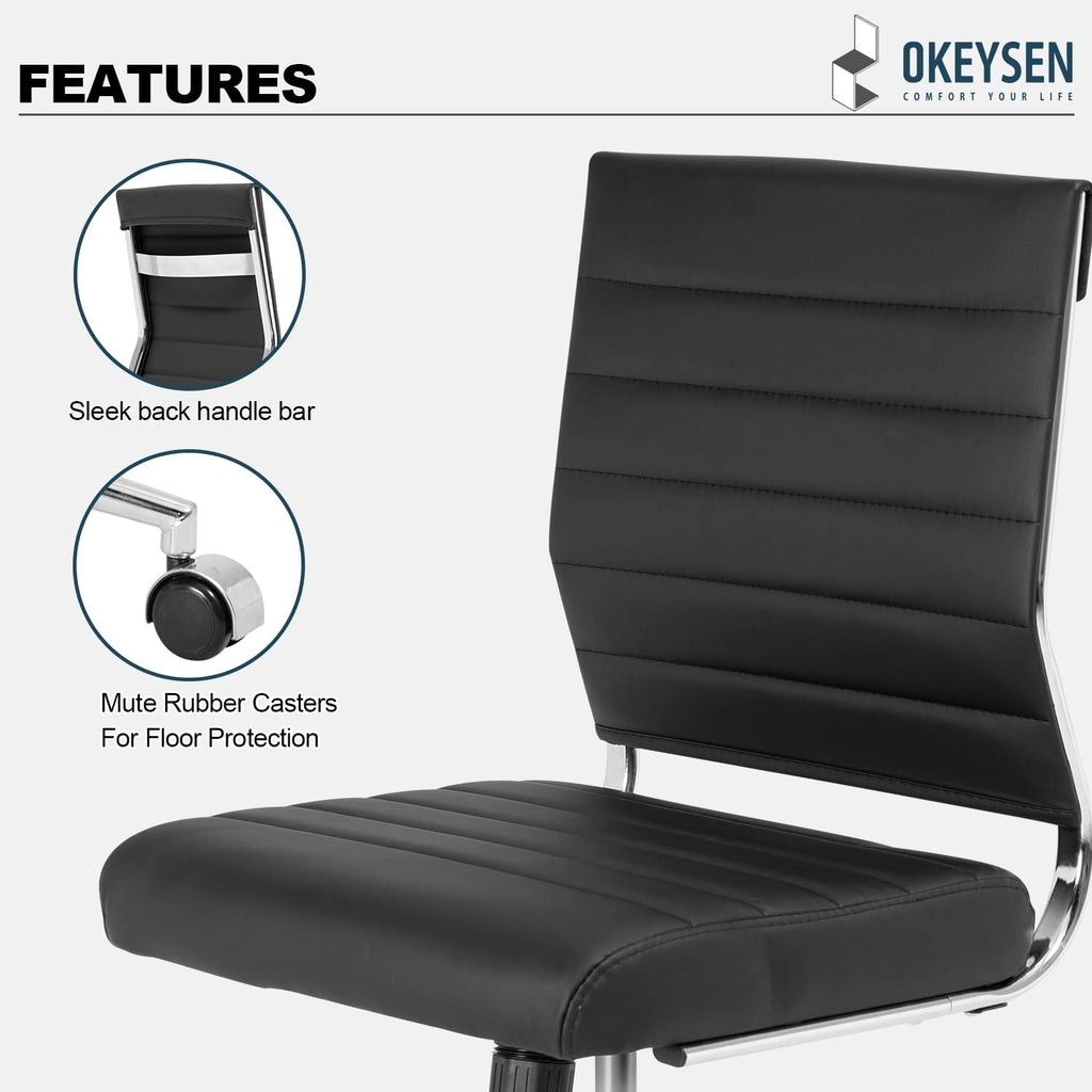 Armless Office Desk Chair, Mid Back Leather Conference Room Chairs Without Armrests, Modern Office Chair Ribbed.