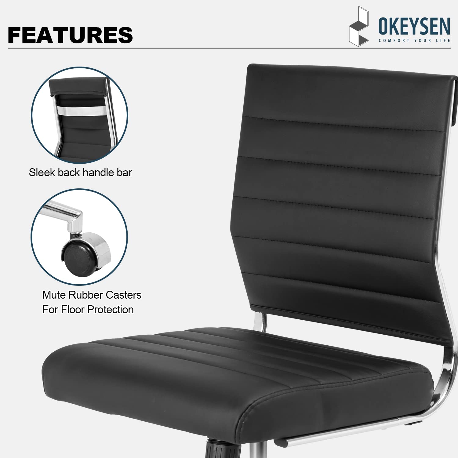 Armless Office Desk Chair, Mid Back Ergonomic Swivel Conference Room Chair, Adjustable Height PU Leather Home Desk Chair, Modern Small Rolling Computer Task Chair, Black