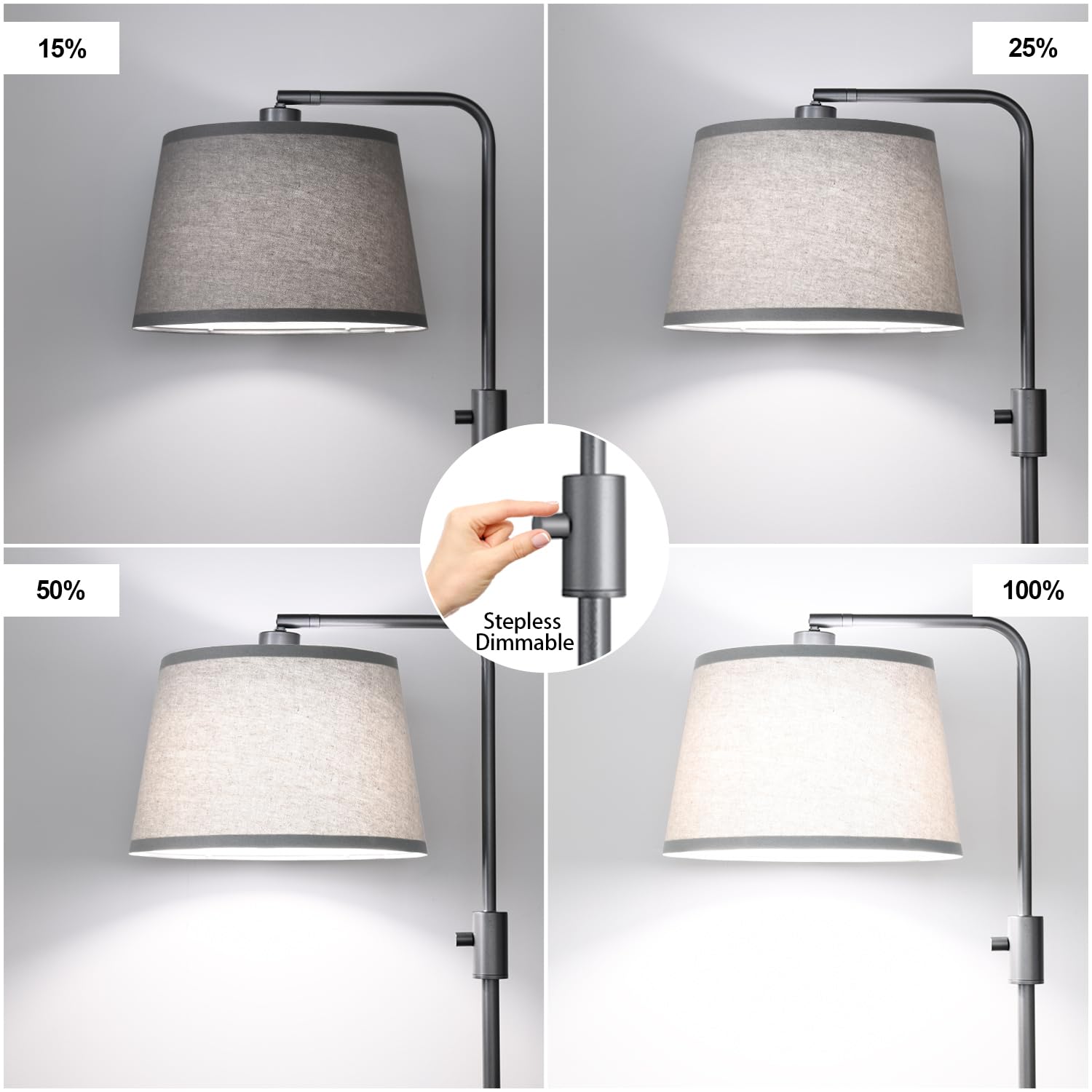 Floor Lamp, 1000 Lumens LED Edison Bulb Included, Arc Floor Lamps for Living Room Modern Standing Lamp with Linen Shade, Tall Lamps for Living Room Bedroom Office Dining Room-Grey
