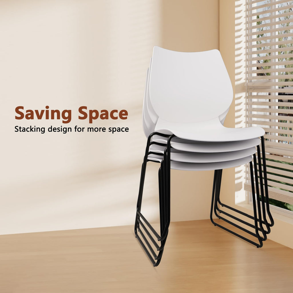 Set of 4, Stackable Waiting Room Chair, Stacking Office Chair with Ergonomic Lumbar Support and Metal Legs, Plastic Desk Chairs for Conference School Church Guest Reception White