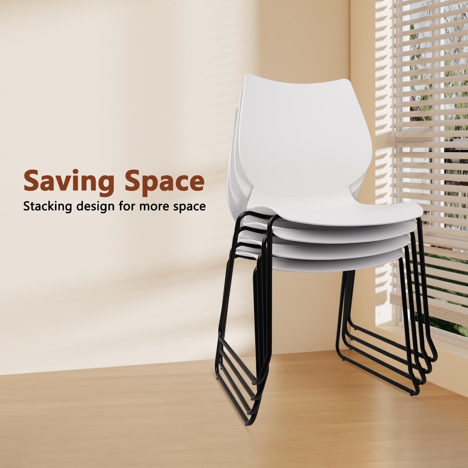 Stackable Waiting Room Chair, Stacking Office Chair with Ergonomic Lumbar Support and Metal Legs, Plastic Desk Chairs for Conference School Church Guest Reception ,White