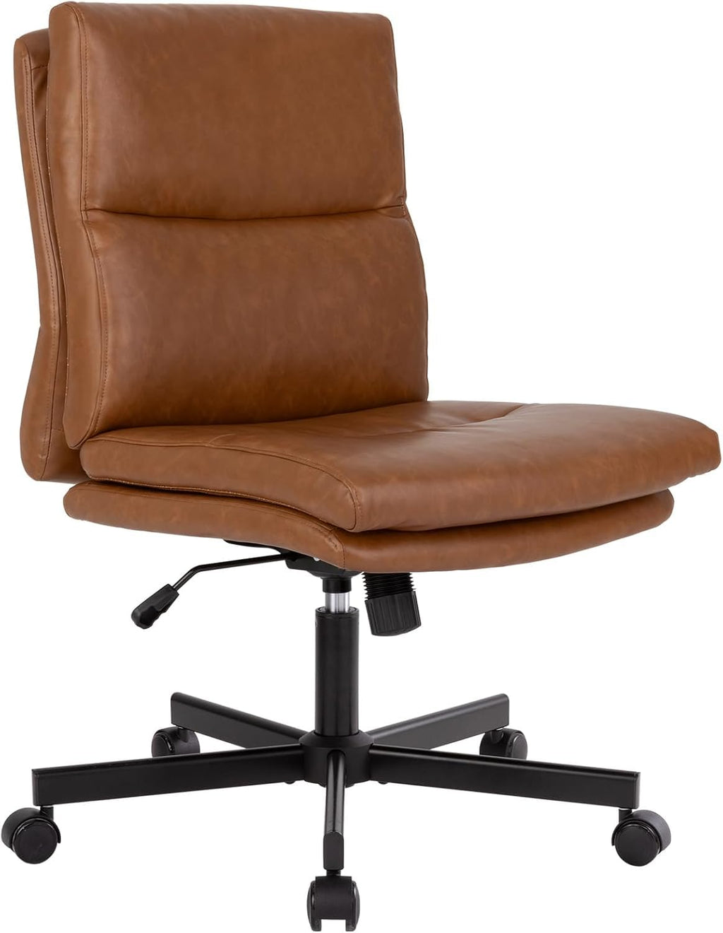 Armless Office Desk Chair with Wheels, Mid-Back Criss Cross Swivel Task Chair, Height Adjustable Cushioned Vanity Chair, Double Padded PU-Leather Chairs for Home, Office & Bedroom (Brown)