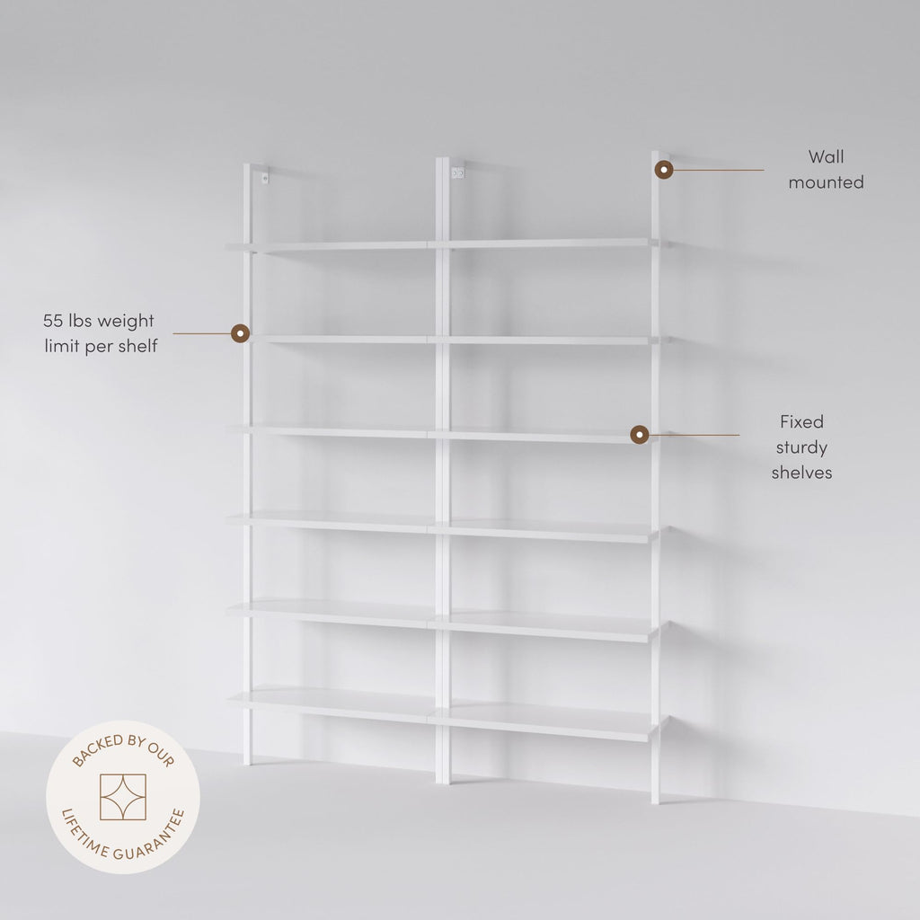 6-Shelf Tall Modern Bookshelf, Wall Mount Ladder Shelf Bookcase with White Wood and Industrial Metal Frame, Matte White/White, Set of 2