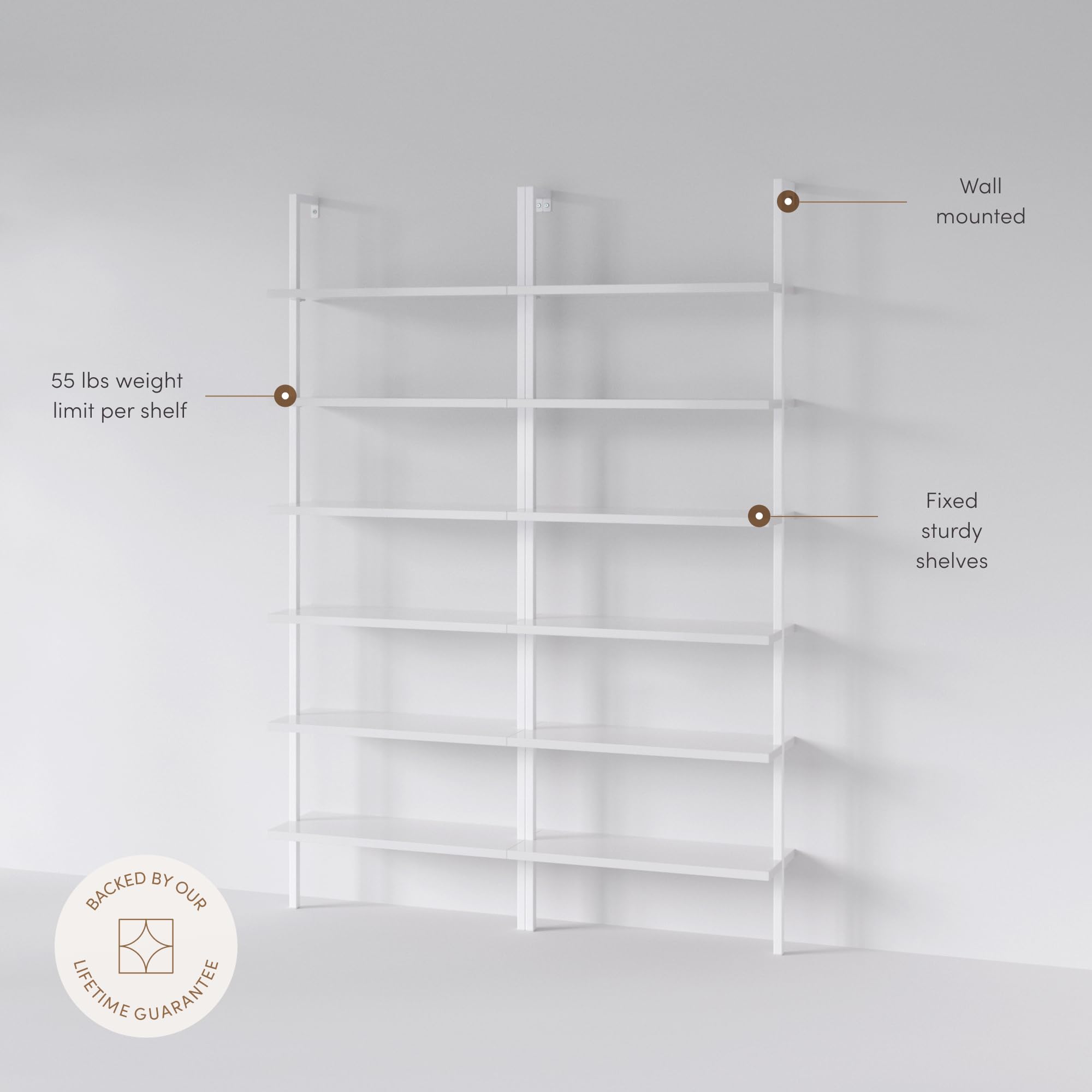 6-Shelf Tall Modern Bookshelf, Wall Mount Ladder Shelf Bookcase with White Wood and Industrial Metal Frame, Matte White/White, Set of 2
