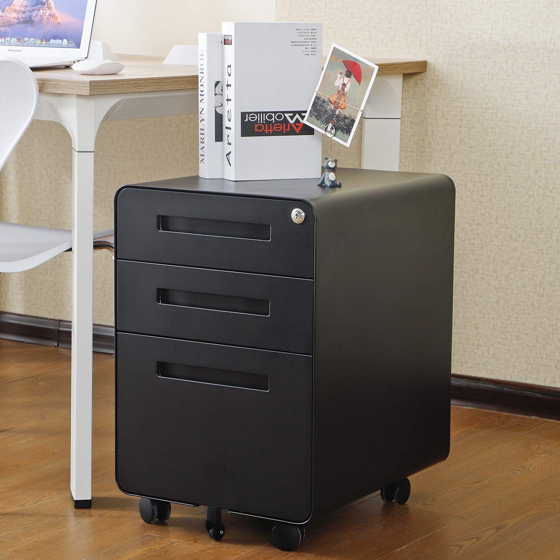 3 Drawer File Cabinet for Office, Under Desk Mobile Filing Cabinet with Lock for A4/Letter/Legal Size, 5 Wheel Anti-tilt Rolling File Cabinets, Fully Assembled