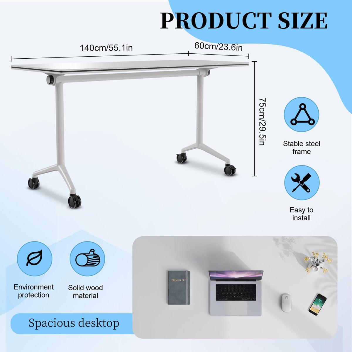 Conference Table, Folding Conference Room Tables, Modern Flip Top Seminar Training Meeting Table with Wheels, Modular Foldable Conference Tables for Home Office Classroom (White 2 Pack,55.1inch)