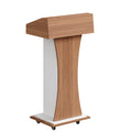 Mobile Wooden Podium Stand with Lockable Wheels Modern Presentation Blockboard Lectern Black Walnut Color with Storage Shelves for Office, Church, Classroom, Conference Room