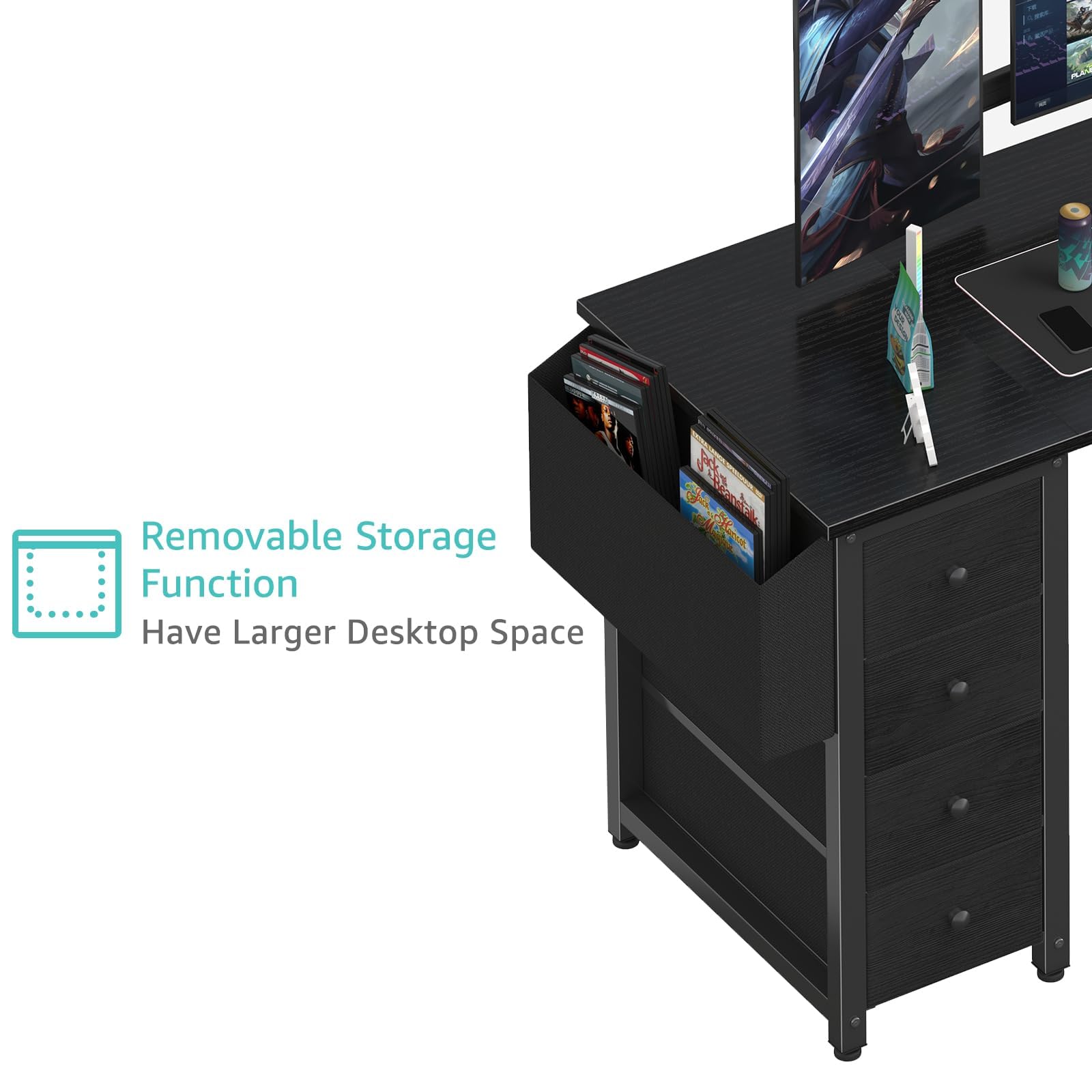 L Shaped Gaming Desk with Power Outlet, 47 Inch Reversible Corner Computer Desk with Drawers & Storage Shelves for Home Office Bedroom, L-Shaped Teen PC Desks with Fabric Drawer, Black