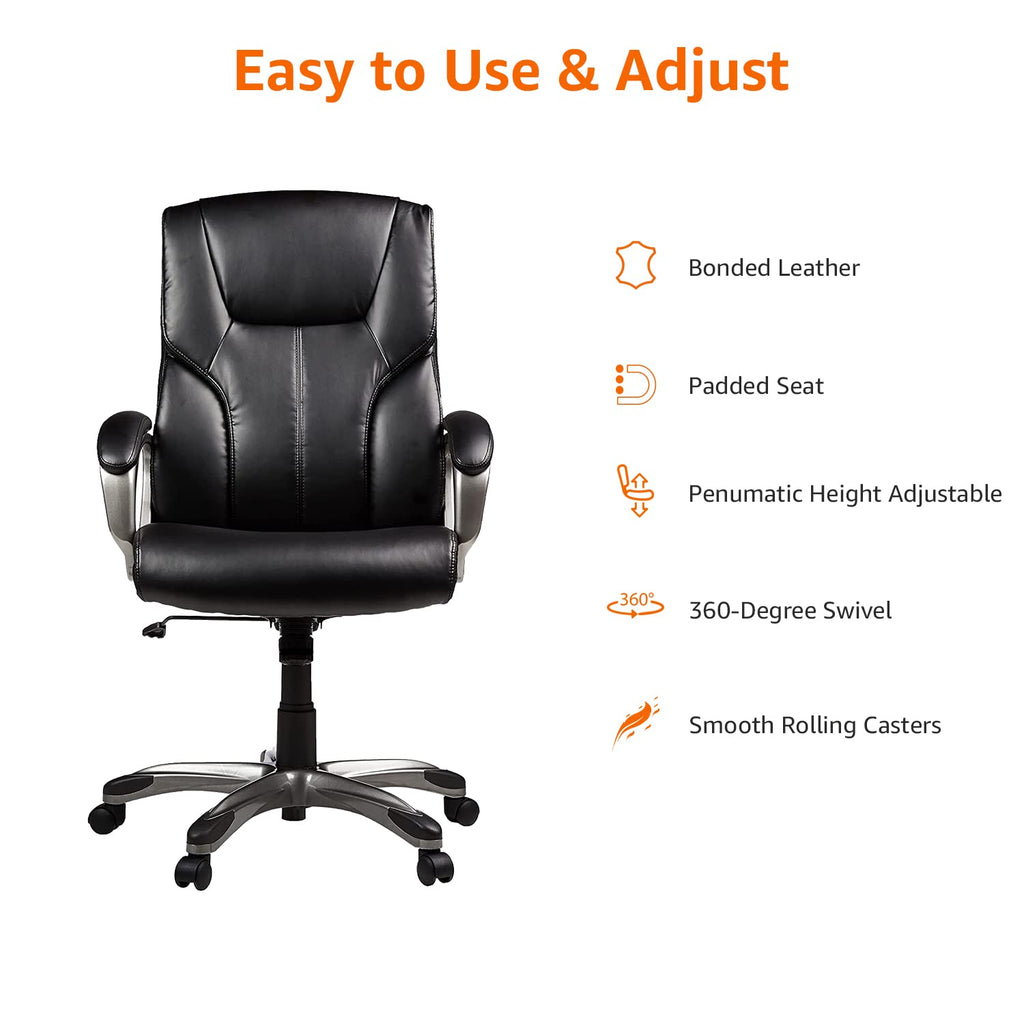 Executive High Back Office Chair, Adjustable Height, Tilt, Swivel, Padded Seat, Bonded Leather, Wheels, Black/Silver