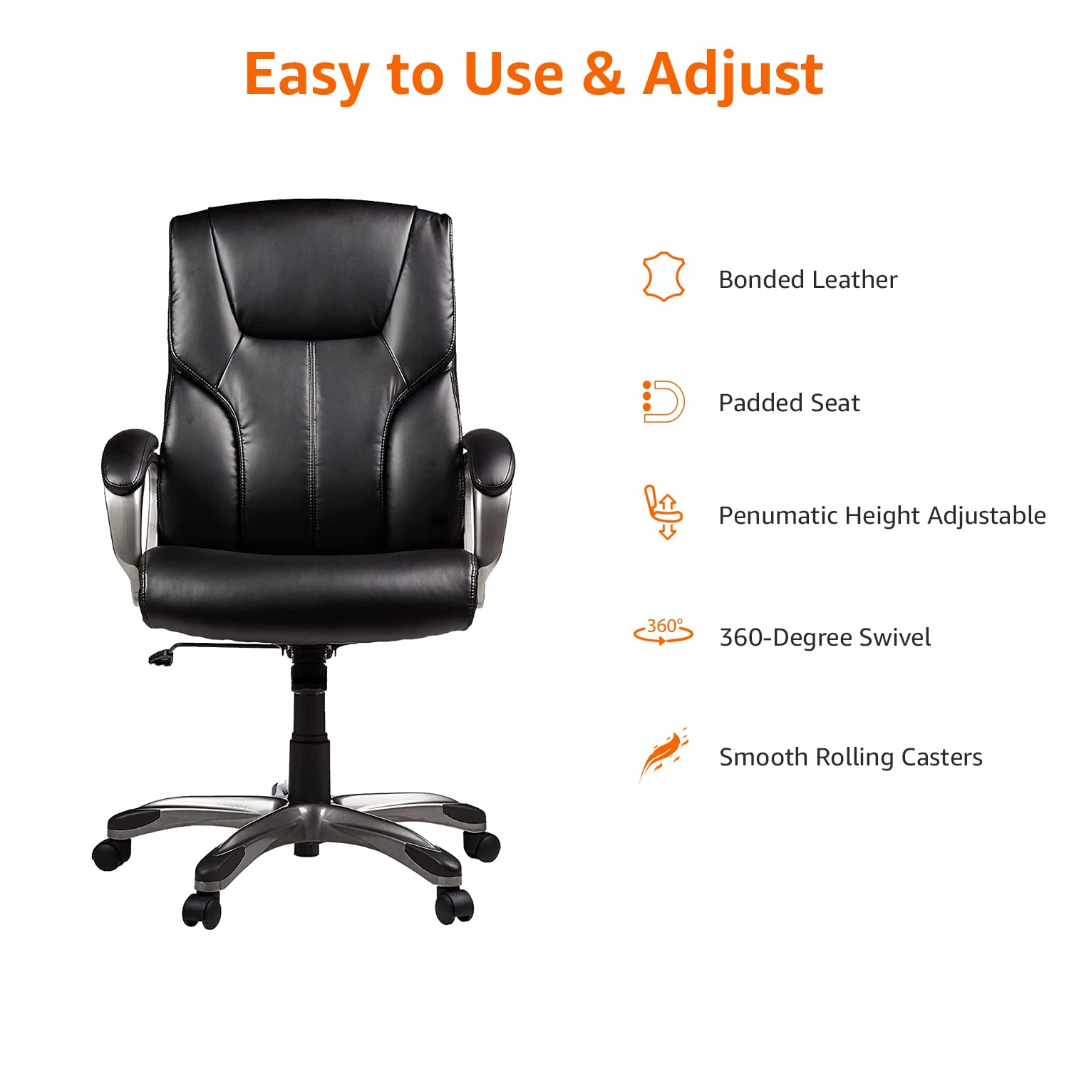 Executive High Back Office Chair, Adjustable Height, Tilt, Swivel, Padded Seat, Bonded Leather, Wheels, Black/Silver
