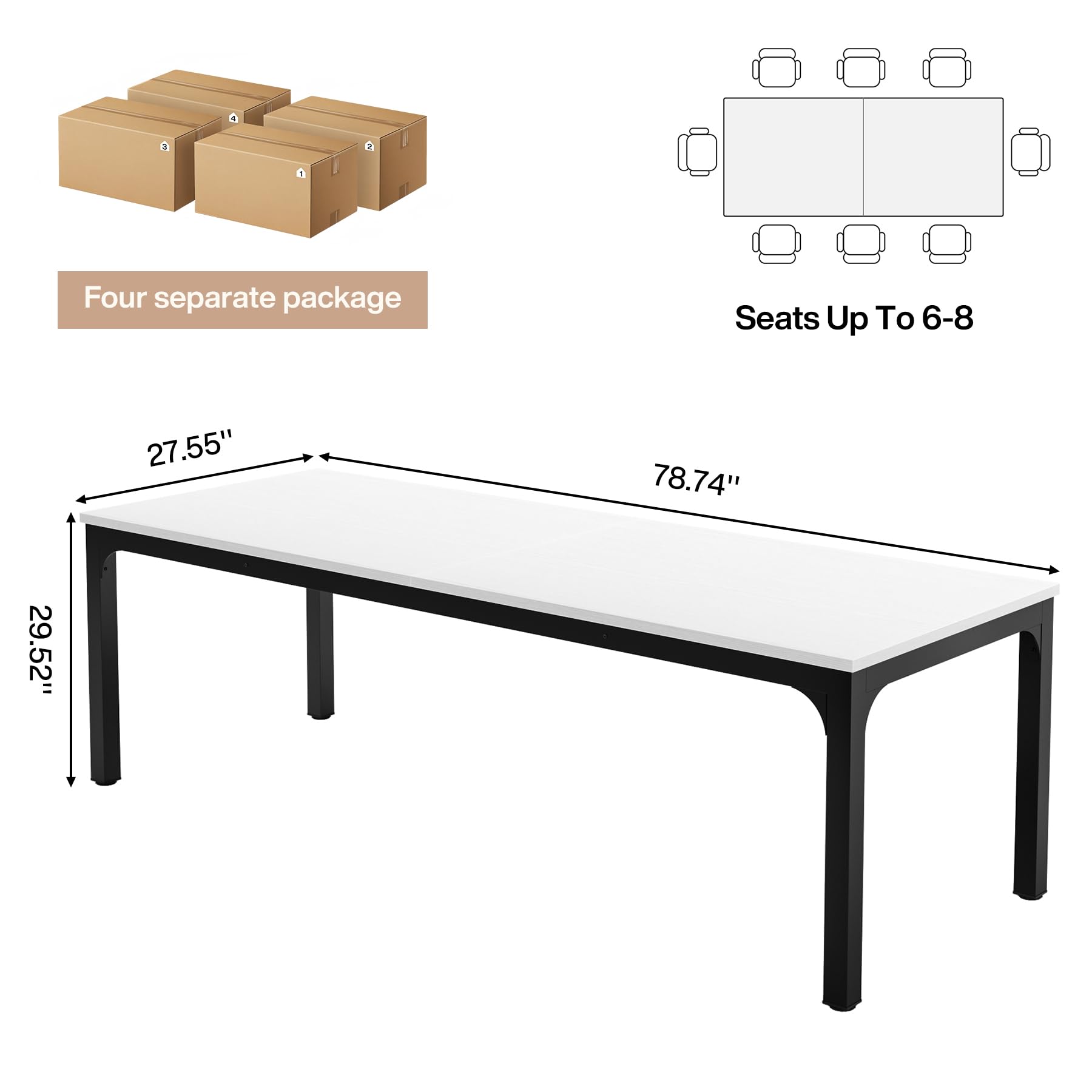 6.5 FT Conference Room Table, 78.74" W x 27.56" D Large Office Conference Table, Modern Seminar Meeting Table Desk for Boardroom, Meeting Room (4, White and Black)