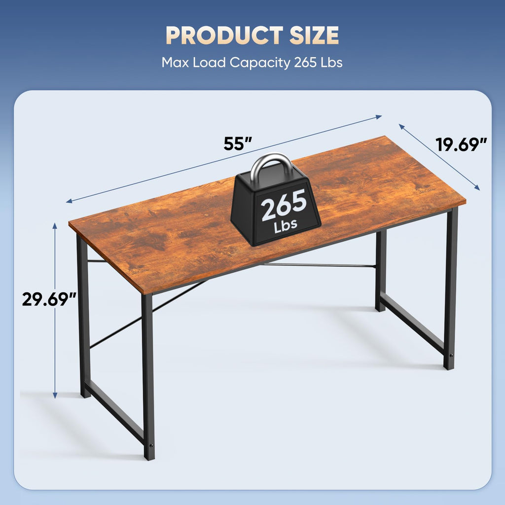 55 Inch Computer Office Desk Writing Gaming Study Work Large Desks for Bedroom Home Office with Metal Frame Simple Modern PC Table Workstation, Wood Brown