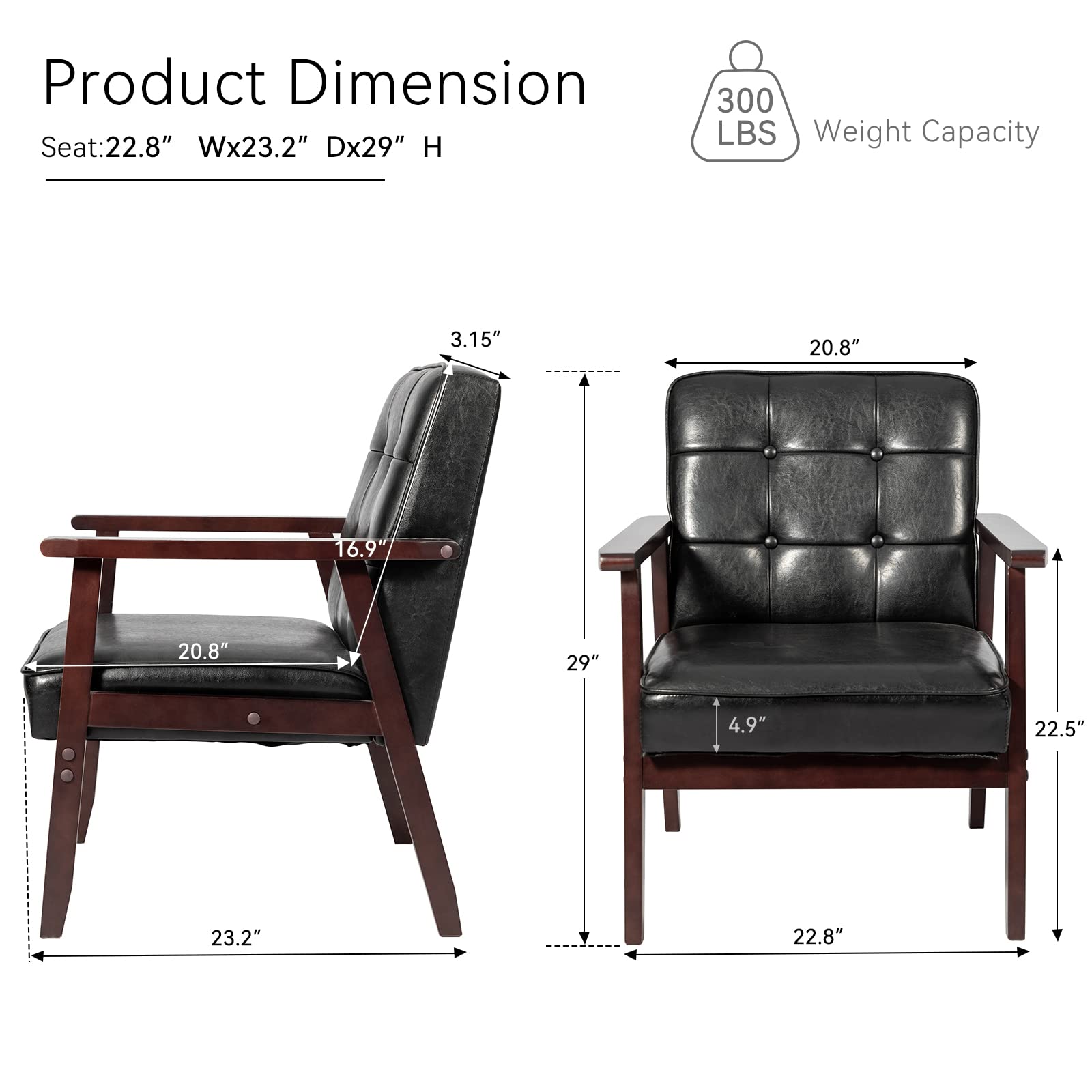 Mid Century Modern Accent Chair, Retro Wood and Leather Armchairs Side Chair, Lounge Reading Comfy Arm Chair for Living Room, Bedroom, Office (Black)