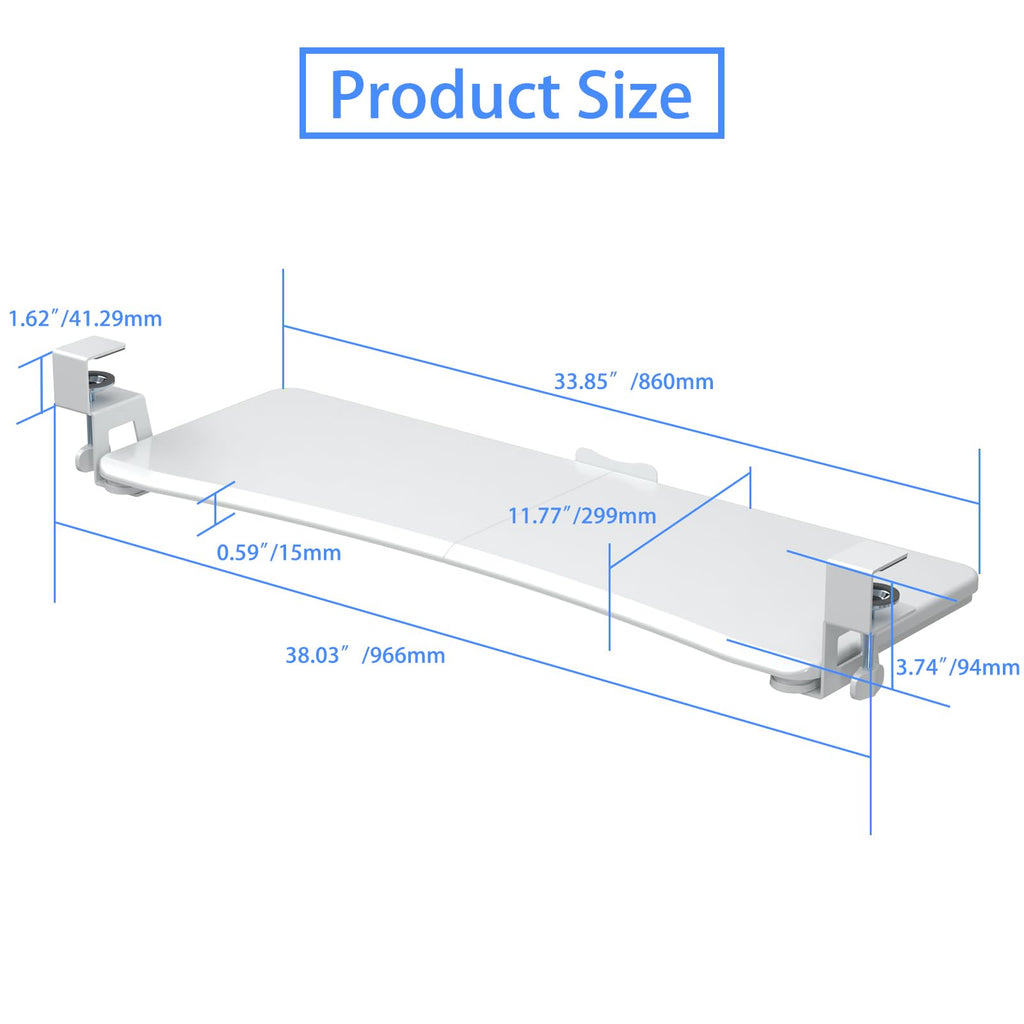 Large Keyboard Tray Under Desk Pull Out with C Clamp Mount, Computer Keyboard & Mouse Tray, 34 (38 Including Clamps) x 11.8 inch Slide-Out Platform Computer Drawer for Typing, White,