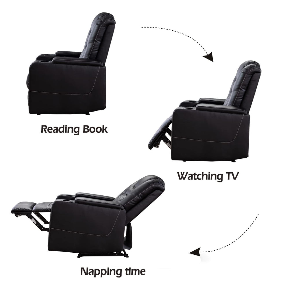 Electric Power Recliner Chair with USB Ports and Cup Holders, Breathable Leather Seating with Hidden Arm Storage (Black)