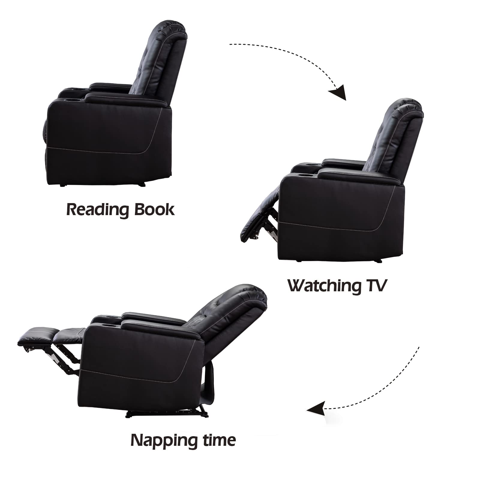 Electric Power Recliner Chair with USB Ports and Cup Holders, Breathable Leather Seating with Hidden Arm Storage (Black)