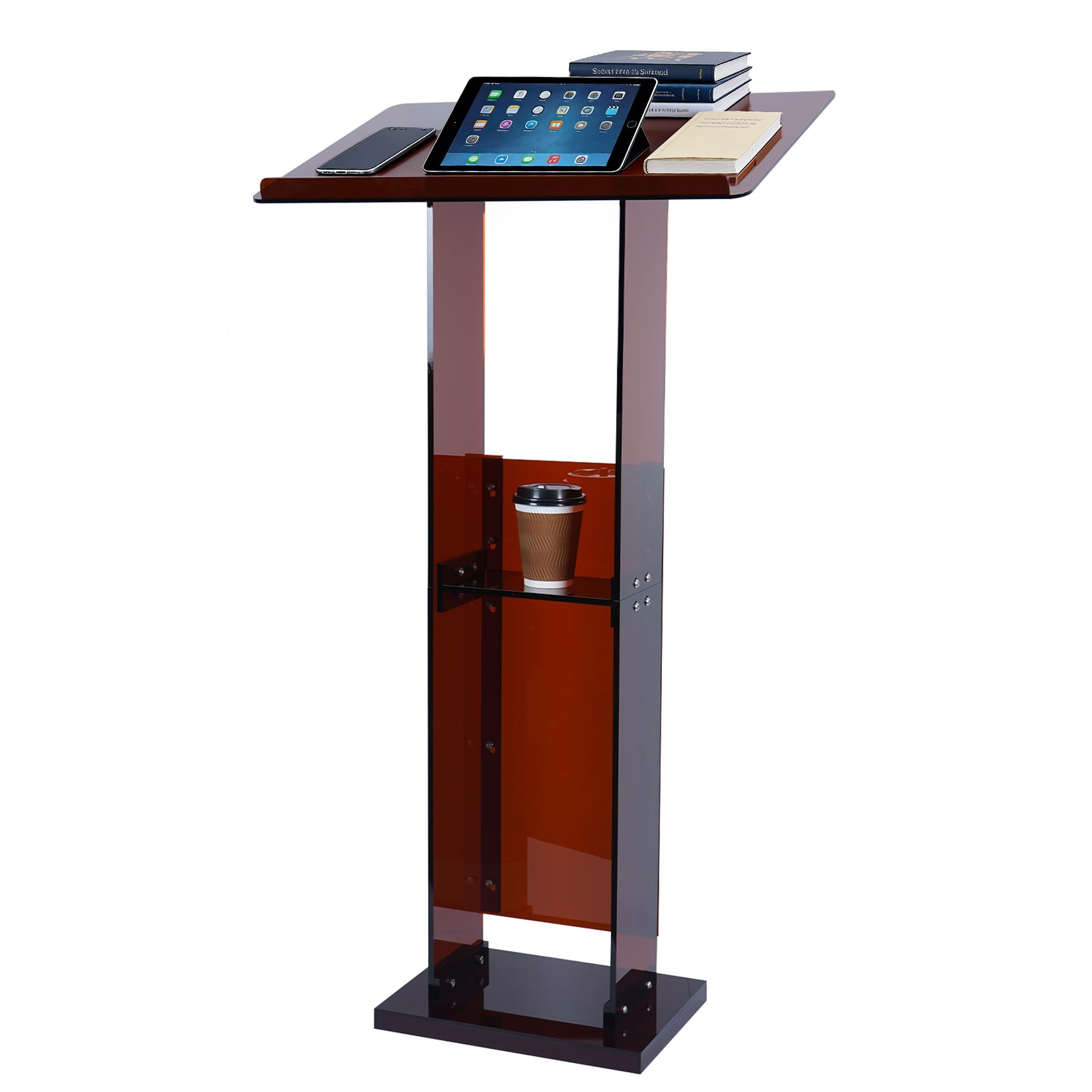 Acrylic Podium Stand 45.5" with Storage Shelf, Modern Amber Lectern Professional Presentation Podiums with Reading Platform for School, Classroom, Weddings, Conference, Concert, Events, Church