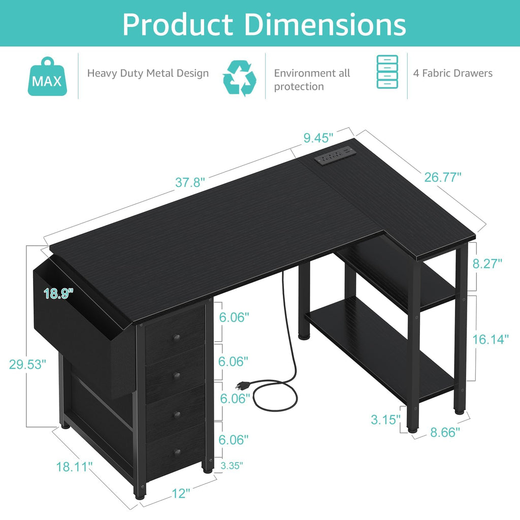L Shaped Gaming Desk with Power Outlet, 47 Inch Reversible Corner Computer Desk with Drawers & Storage Shelves for Home Office Bedroom, L-Shaped Teen PC Desks with Fabric Drawer, Black