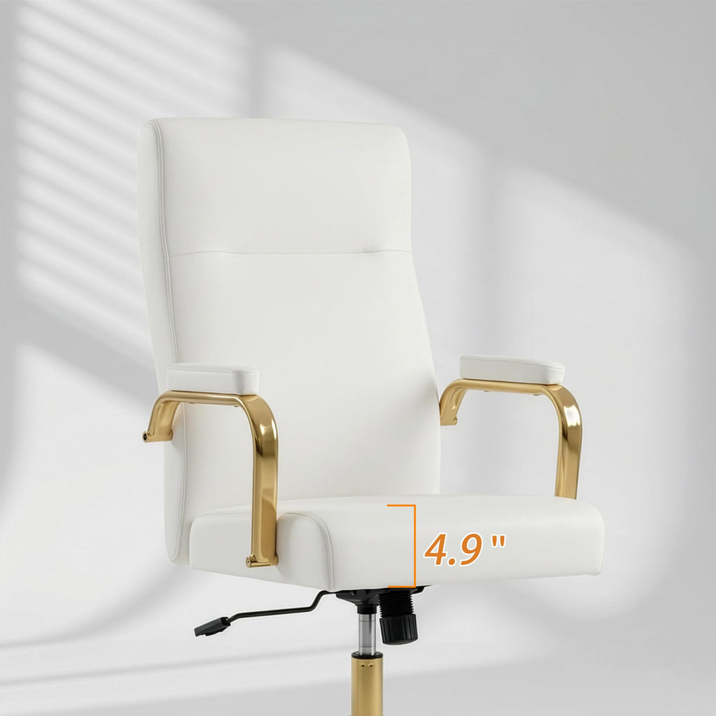White and Gold Office Desk Chair,Leather Conference Room Chairs with Wheels,Modern High Back Executive Office Chair with Memory Foam,Ergonomic Swivel Computer Chair for Home Office