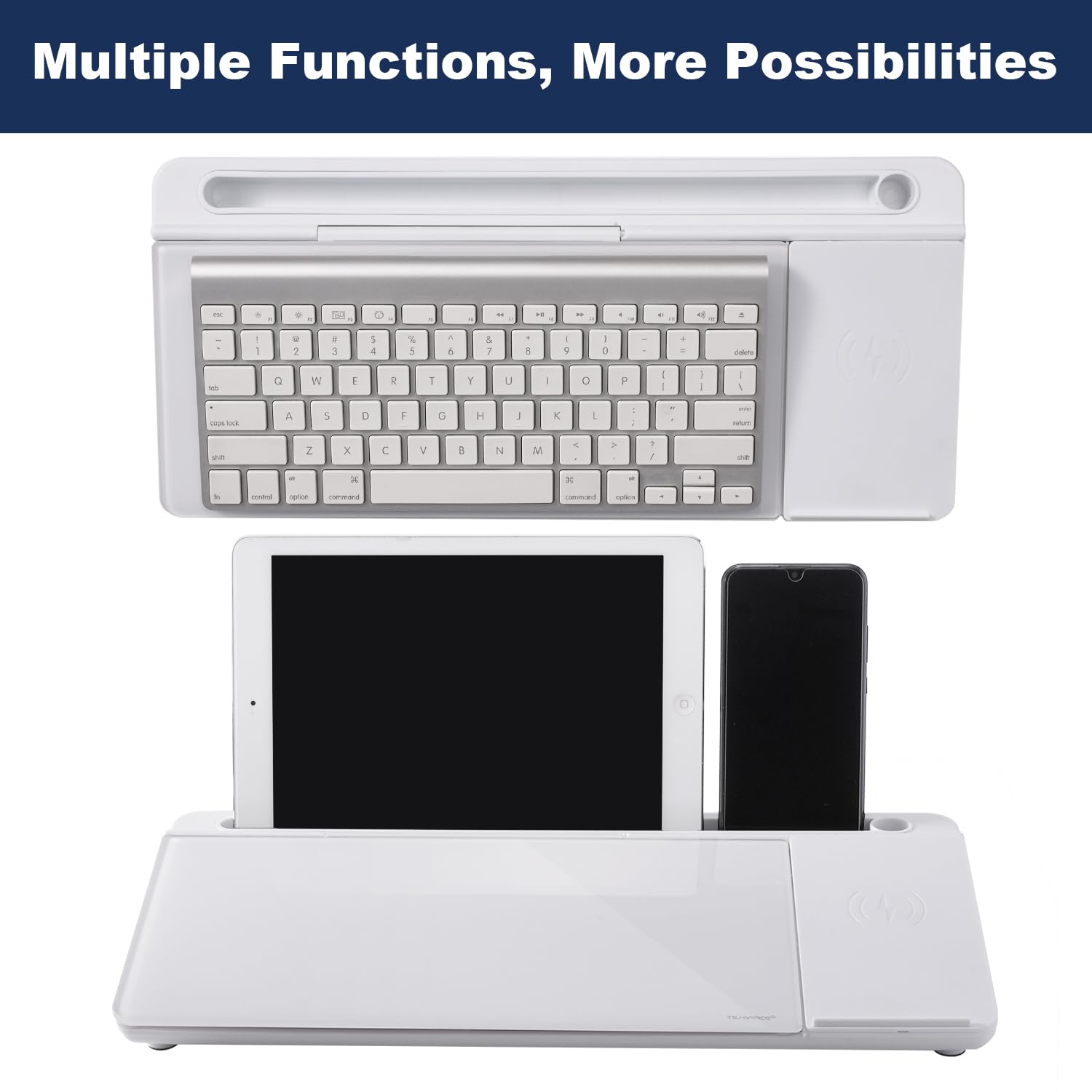 Small Glass Desktop Whiteboard Dry-Erase-Board - Computer Keyboard Stand with Wireless Charger White Board Surface Pad with Drawer, Desk Organizers with Accessories for Office, Home, School Supplies